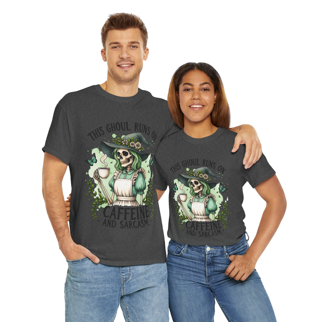 Caffeine and Sarcasm, Funny Halloween Tee, Unisex Tee, Perfect for Gifting, October Festivities, Casual Wear, Skeleton Graphic Tee