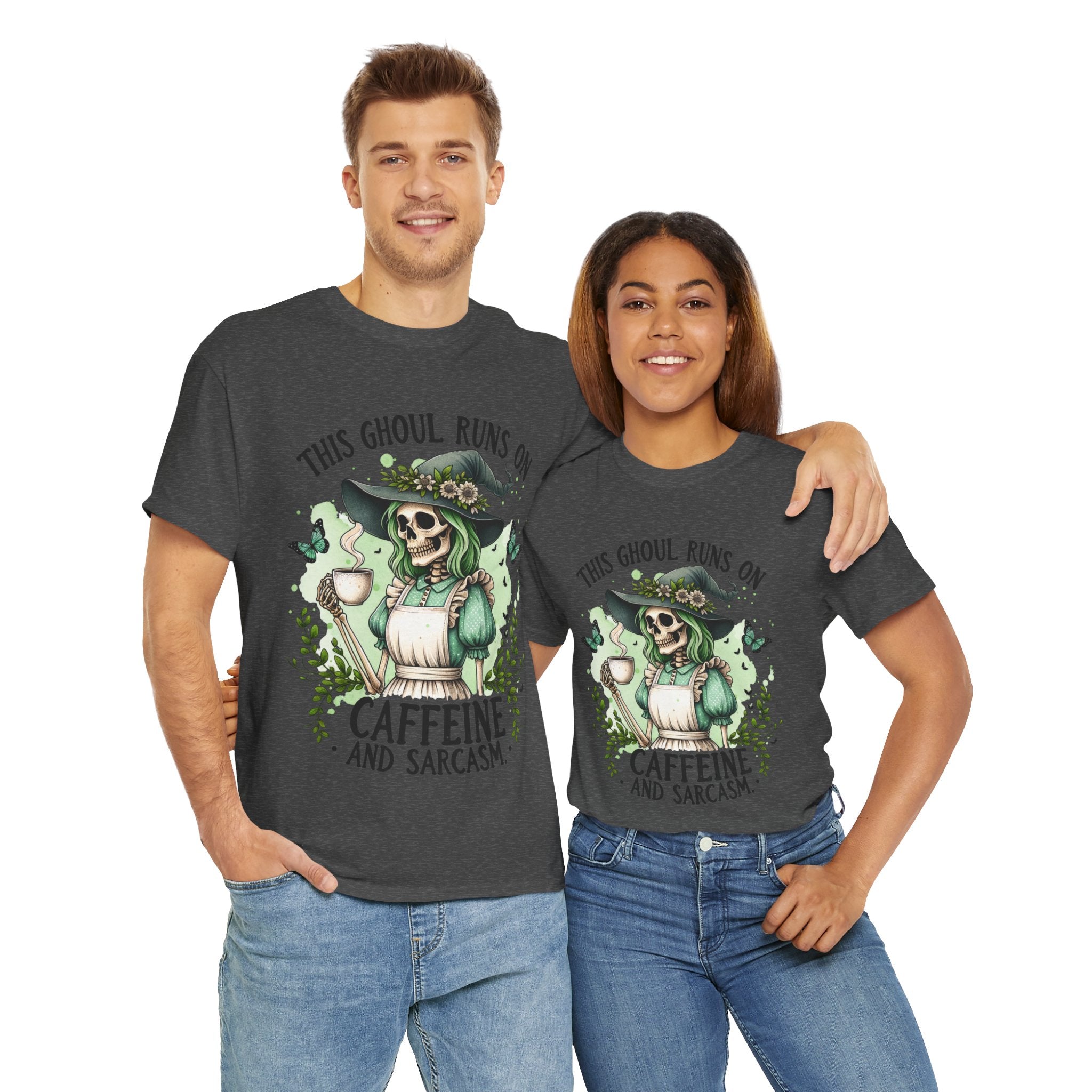 Caffeine and Sarcasm, Funny Halloween Tee, Unisex Tee, Perfect for Gifting, October Festivities, Casual Wear, Skeleton Graphic Tee
