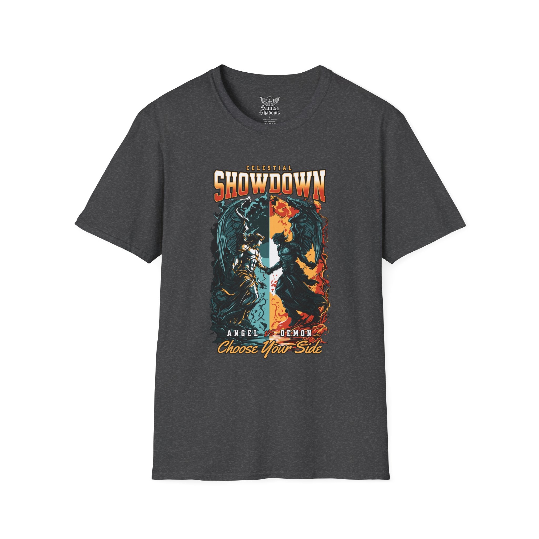 Saints and Shadows - Epic Showdown, Angelic Artwork Unisex Softstyle T-Shirt, Casual Wear