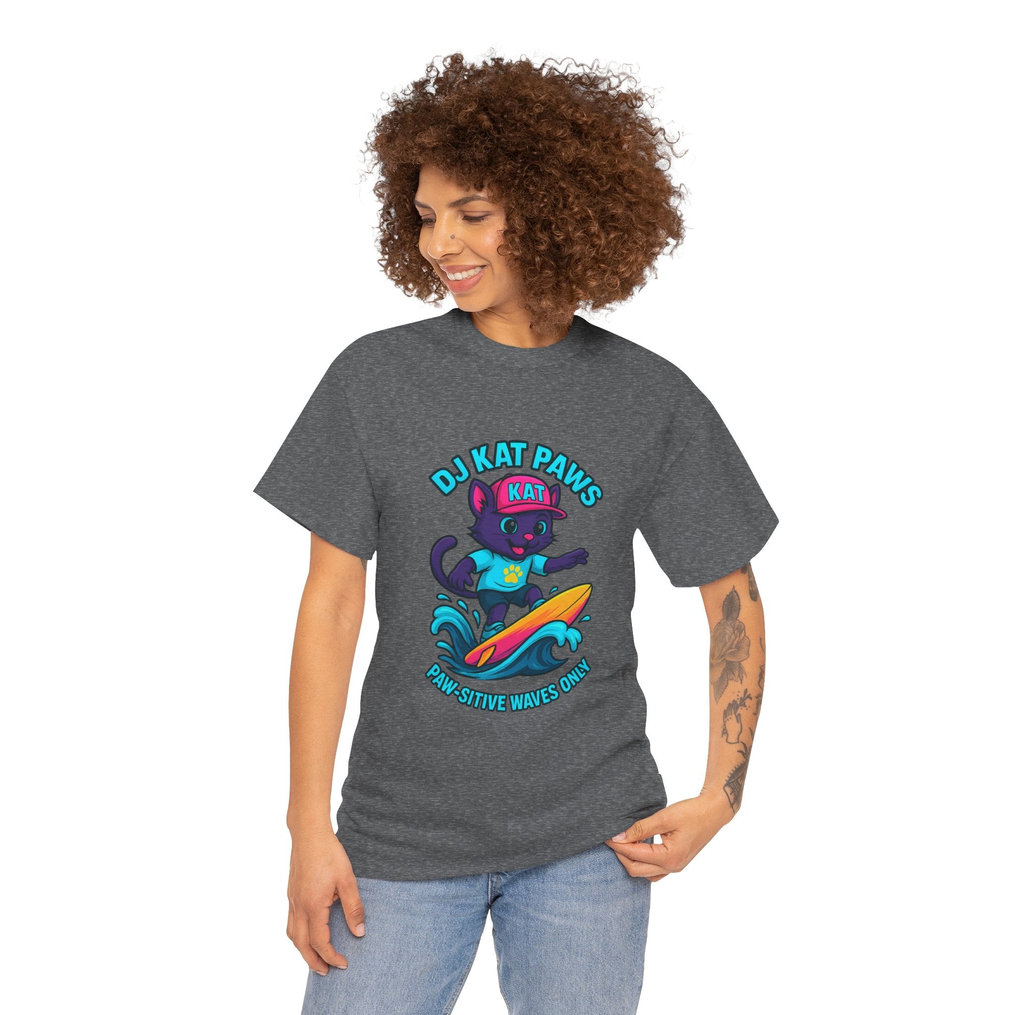DJ KAT PAWS Surfing Fun T-Shirt | Stay Cool, Have Fun, Play Safe, Be You! | Fun Summer Tee, Gift for Cat Lovers, Beach Vibes