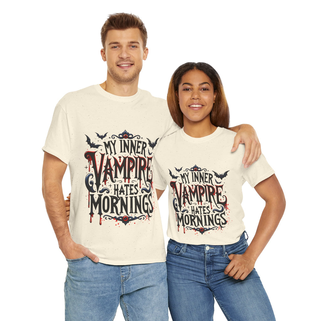 My Inner Vampire Hates Mornings, Tee - Unisex Heavy Cotton Shirt for Halloween, Gifts, Casual Wear, Funny T-Shirt, Vampire Lover Apparel