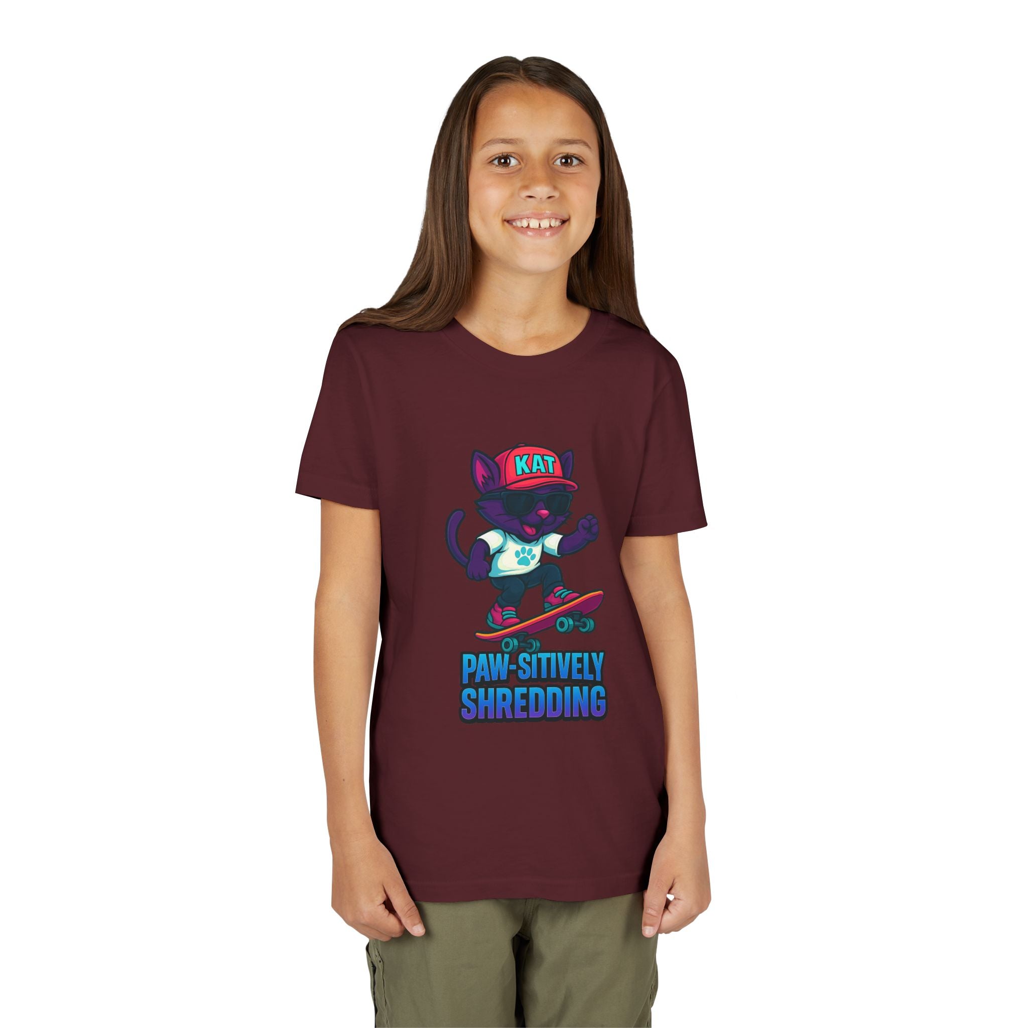 DJ KAT PAWS Paw-sitively Shredding, Skateboarding Youth Tee | Fun Summer Shirt, Motivational Kids T-Shirt, Birthday Gift for Boys & Girls