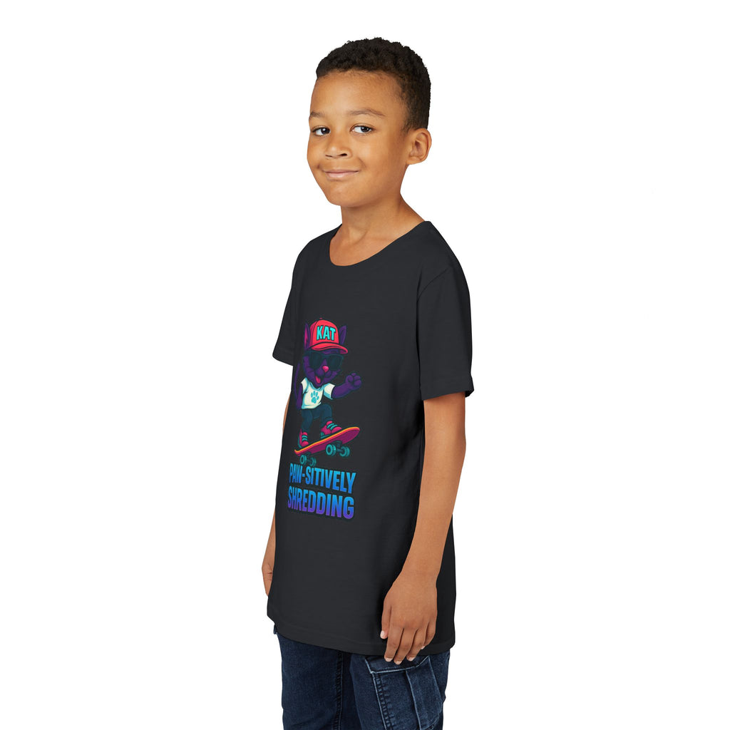 DJ KAT PAWS Paw-sitively Shredding, Skateboarding Youth Tee | Fun Summer Shirt, Motivational Kids T-Shirt, Birthday Gift for Boys & Girls