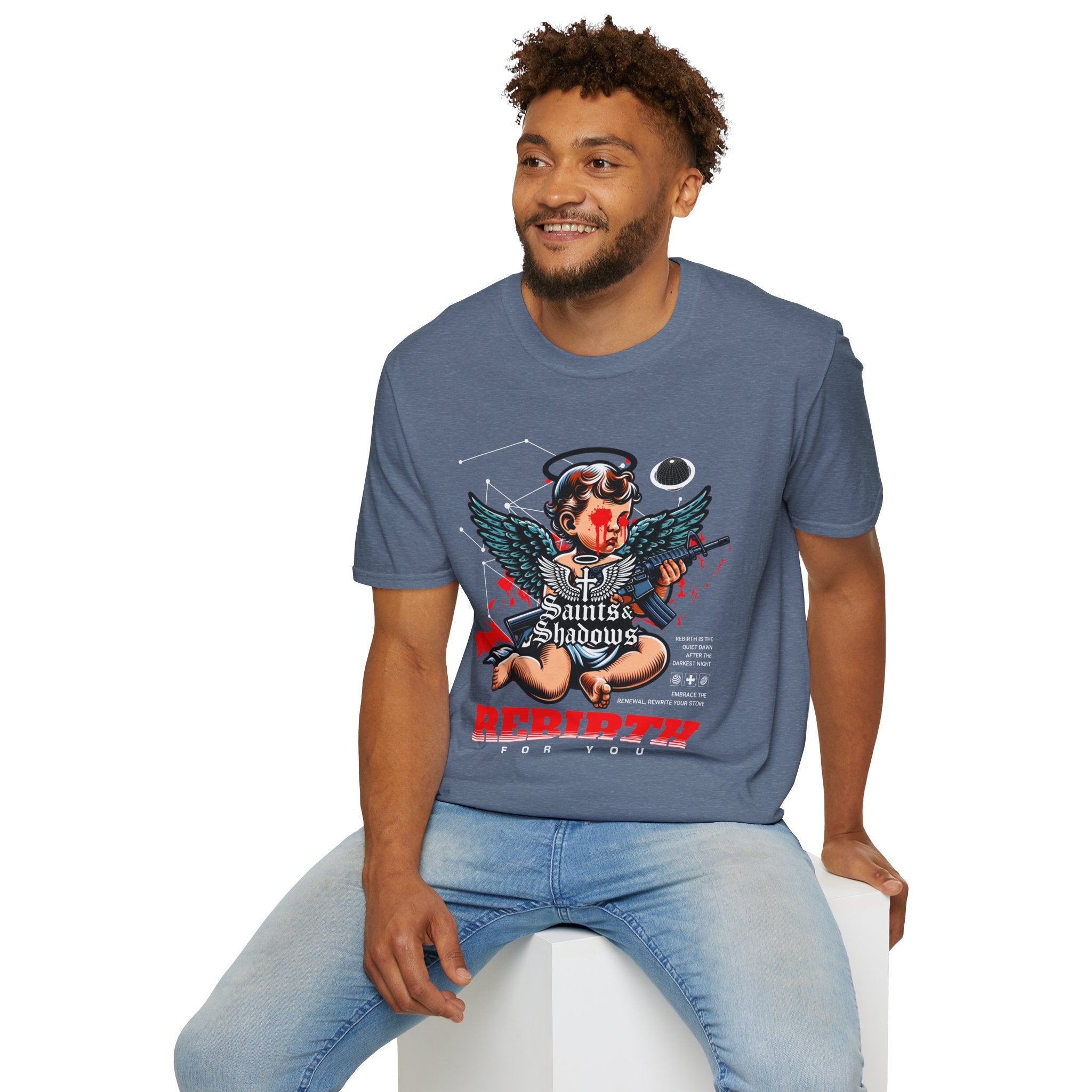 Saints and Shadows - Rebirth, Angelic Artwork Unisex Softstyle T-Shirt, Casual Wear