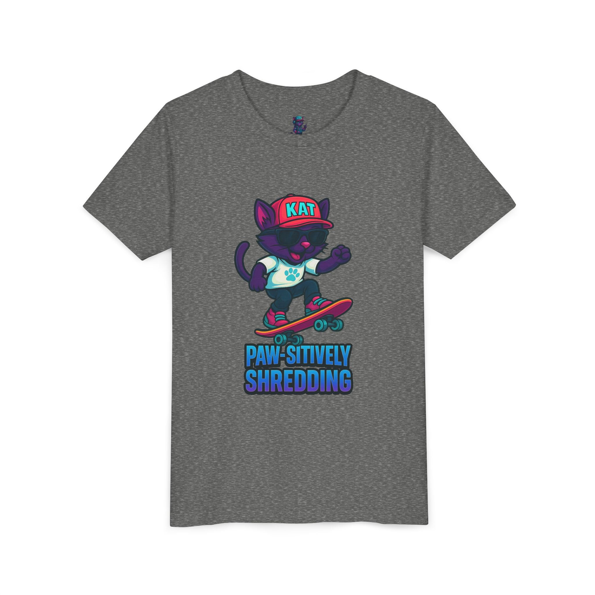 DJ KAT PAWS Paw-sitively Shredding, Skateboarding Youth Tee | Fun Summer Shirt, Motivational Kids T-Shirt, Birthday Gift for Boys & Girls