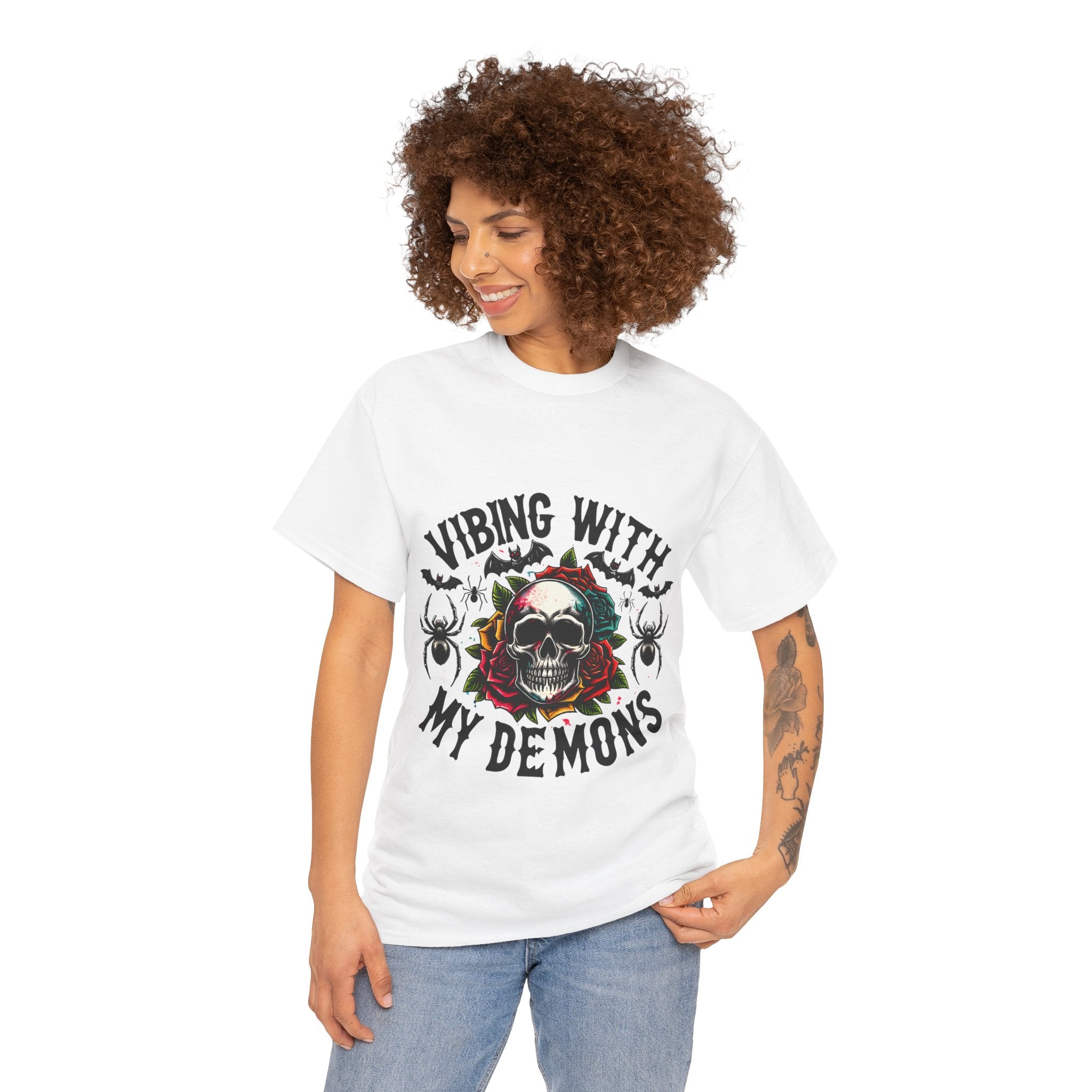 Vibing With My Demons, Halloween Skeleton & Pumpkin Tee, Spooky Season Apparel, Fall Fashion, Gift for Halloween Lovers