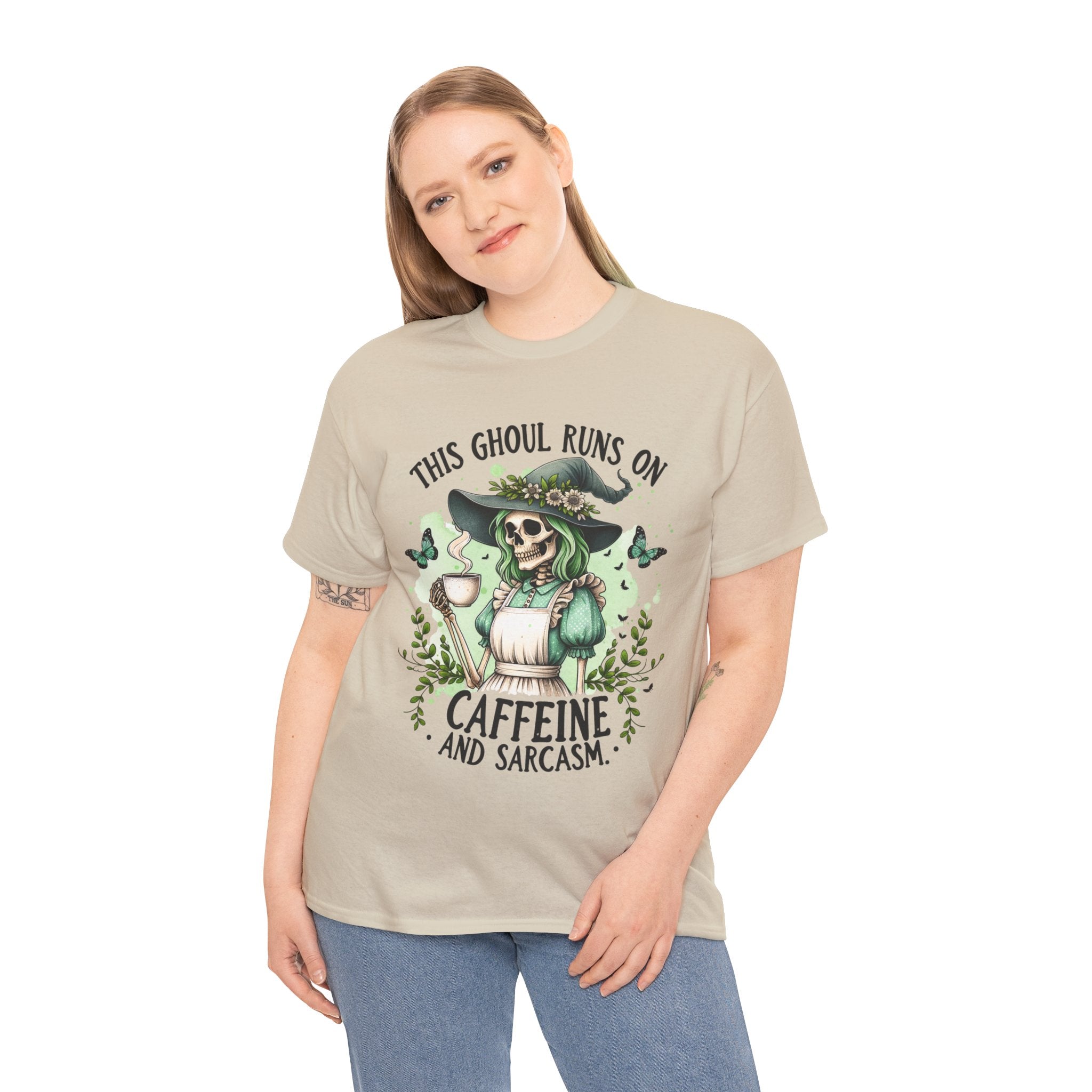 Caffeine and Sarcasm, Funny Halloween Tee, Unisex Tee, Perfect for Gifting, October Festivities, Casual Wear, Skeleton Graphic Tee