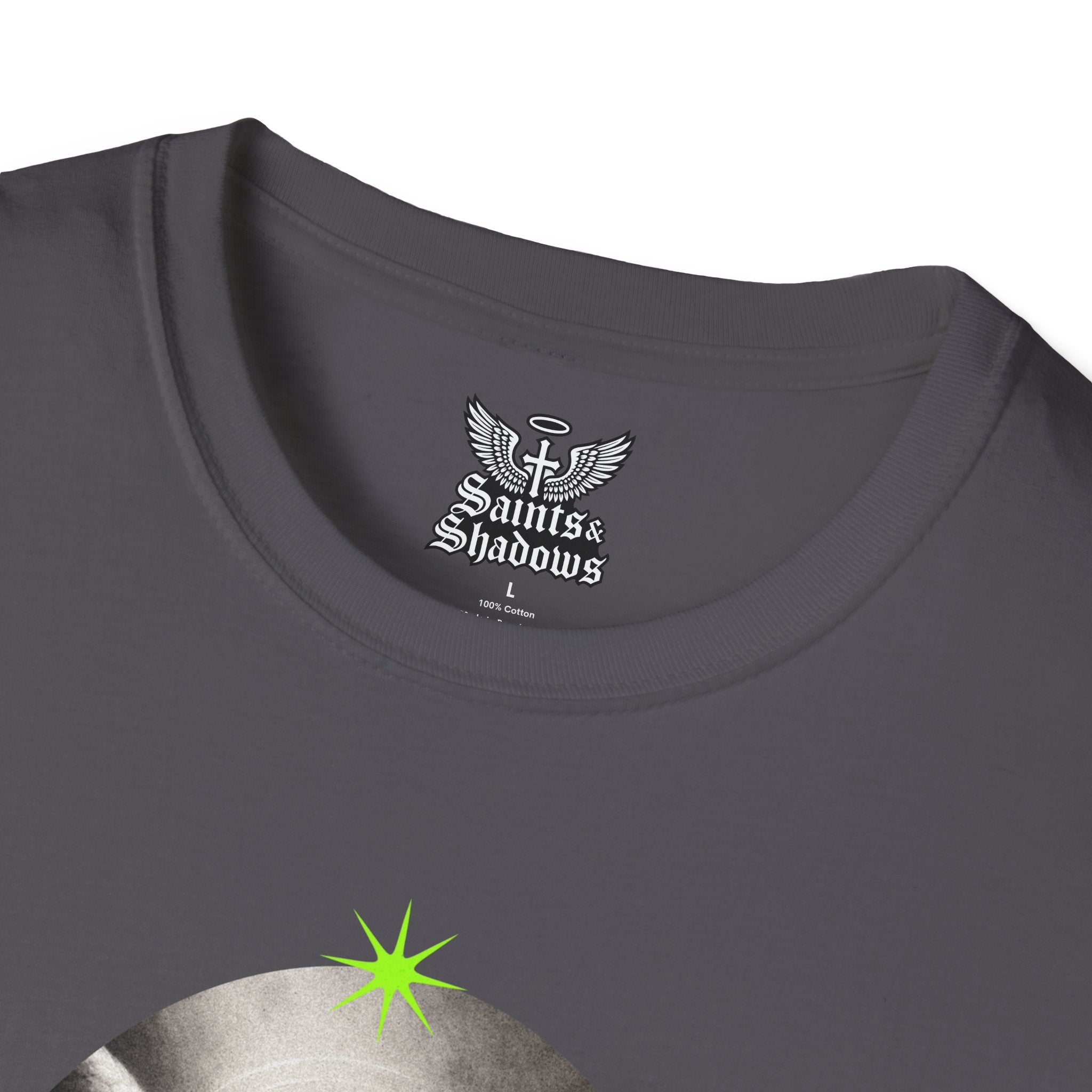 Saints and Shadows - Panoramic Portrayal, Angelic Artwork Unisex Softstyle T-Shirt, Casual Wear