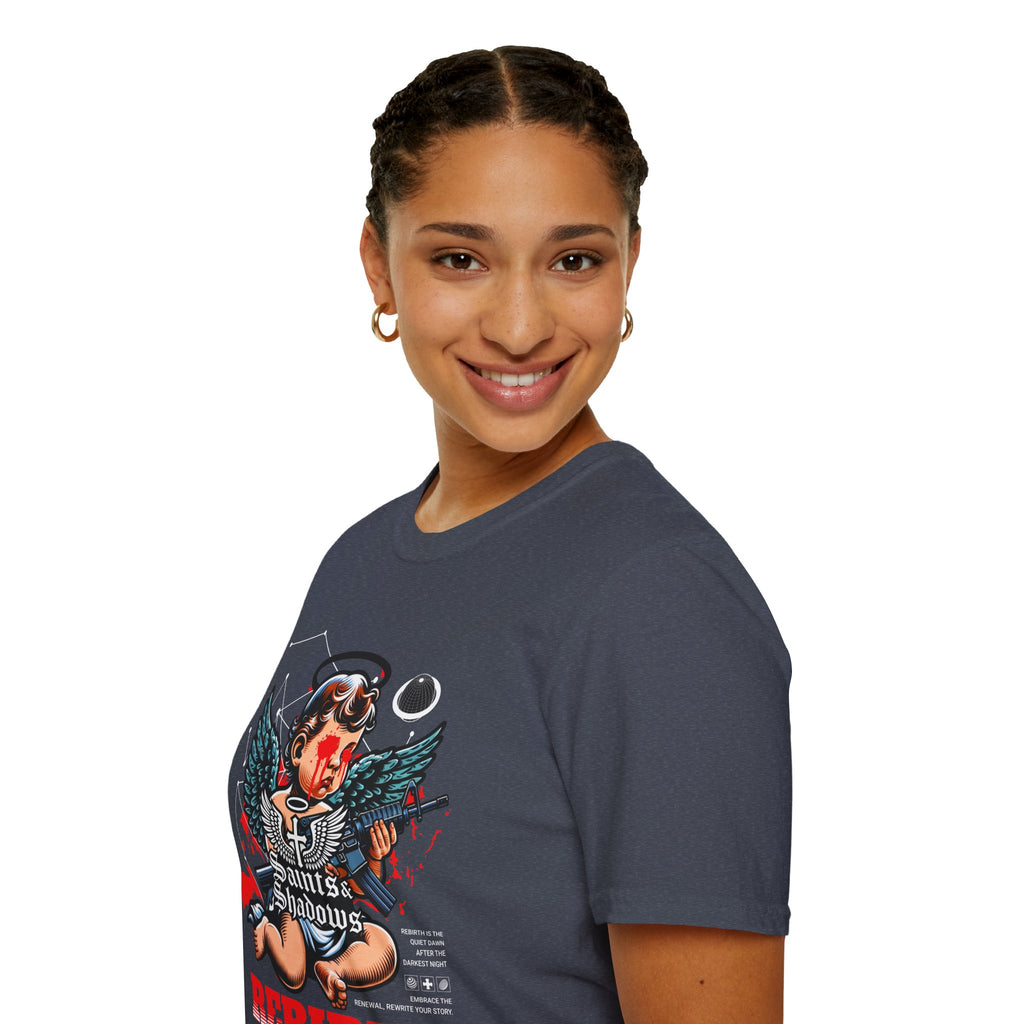 Saints and Shadows - Rebirth, Angelic Artwork Unisex Softstyle T-Shirt, Casual Wear