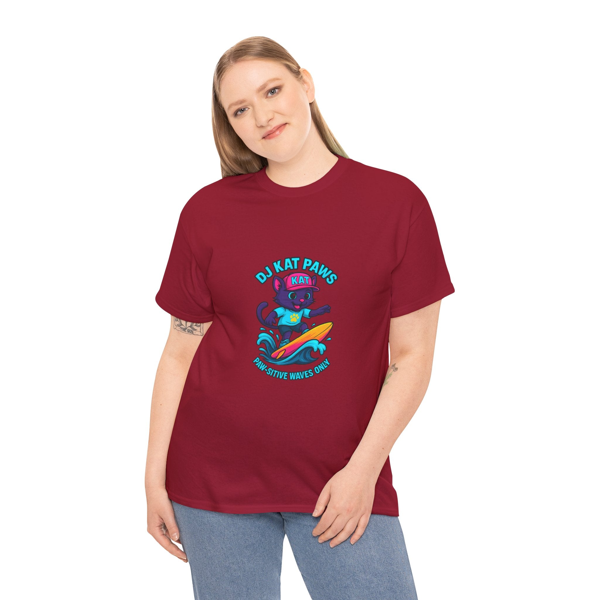 DJ KAT PAWS Surfing Fun T-Shirt | Stay Cool, Have Fun, Play Safe, Be You! | Fun Summer Tee, Gift for Cat Lovers, Beach Vibes