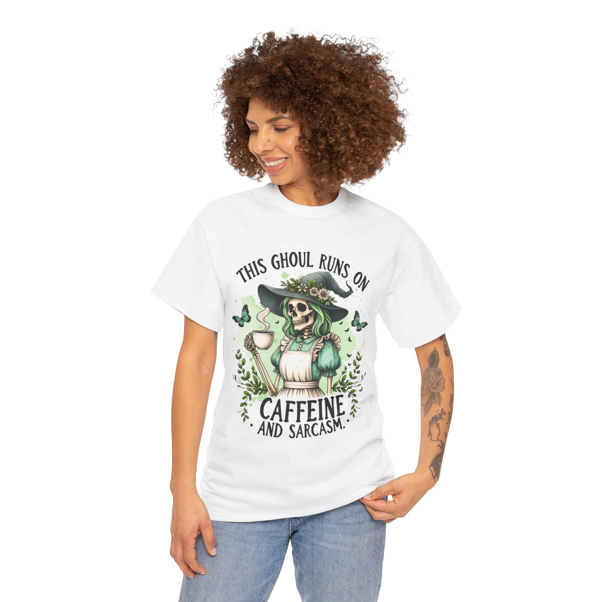 Caffeine and Sarcasm, Funny Halloween Tee, Unisex Tee, Perfect for Gifting, October Festivities, Casual Wear, Skeleton Graphic Tee