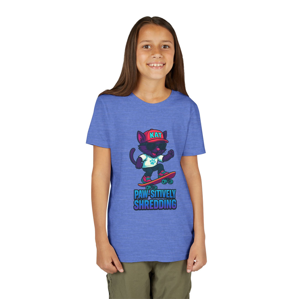 DJ KAT PAWS Paw-sitively Shredding, Skateboarding Youth Tee | Fun Summer Shirt, Motivational Kids T-Shirt, Birthday Gift for Boys & Girls
