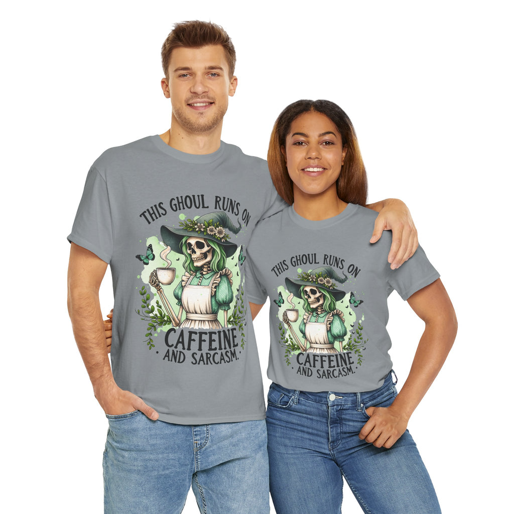 Caffeine and Sarcasm, Funny Halloween Tee, Unisex Tee, Perfect for Gifting, October Festivities, Casual Wear, Skeleton Graphic Tee