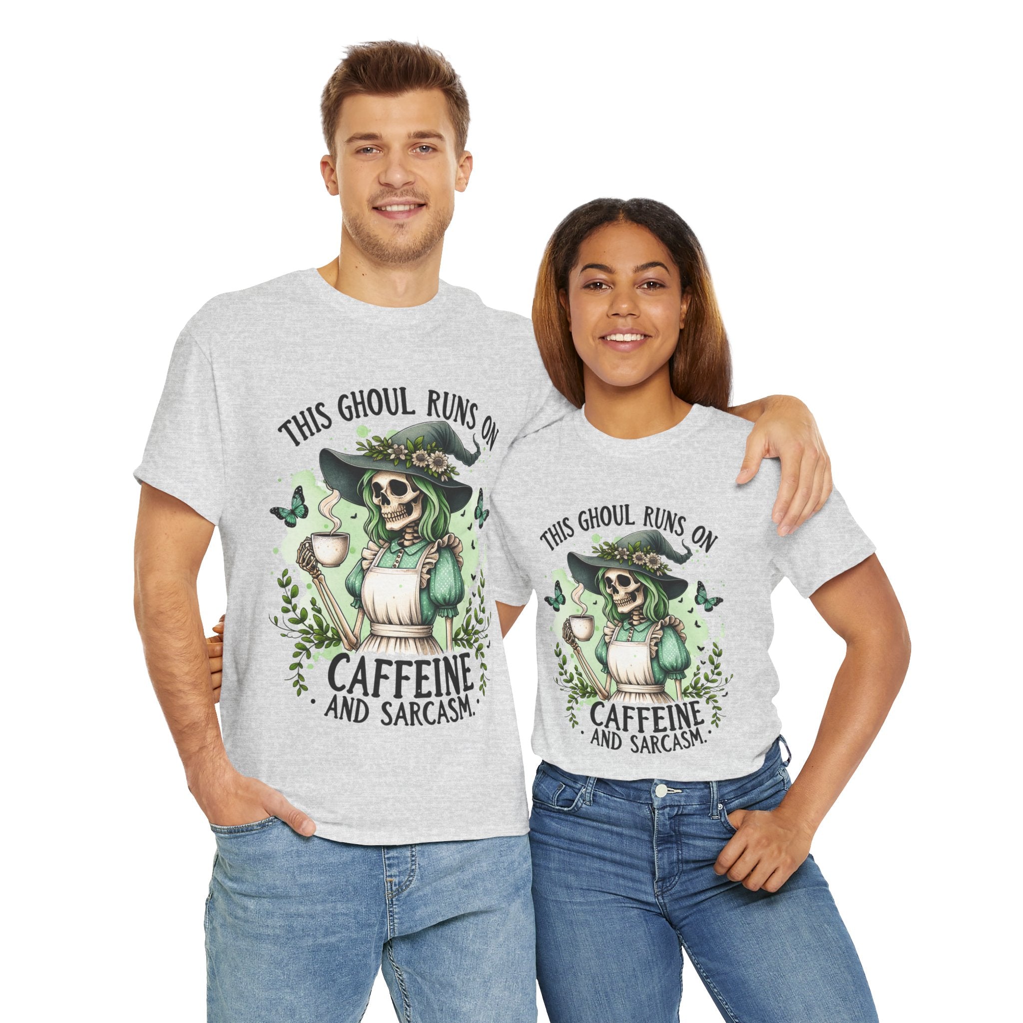 Caffeine and Sarcasm, Funny Halloween Tee, Unisex Tee, Perfect for Gifting, October Festivities, Casual Wear, Skeleton Graphic Tee