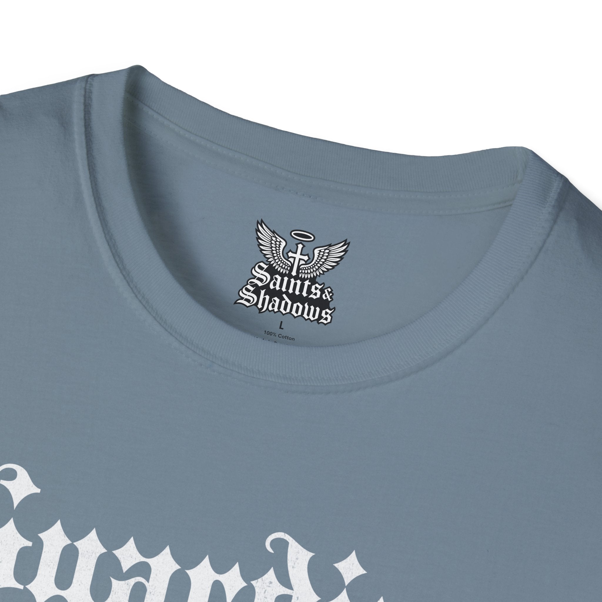Saints and Shadows - Guardian of the Skyline, Angelic Artwork Unisex Softstyle T-Shirt, Casual Wear