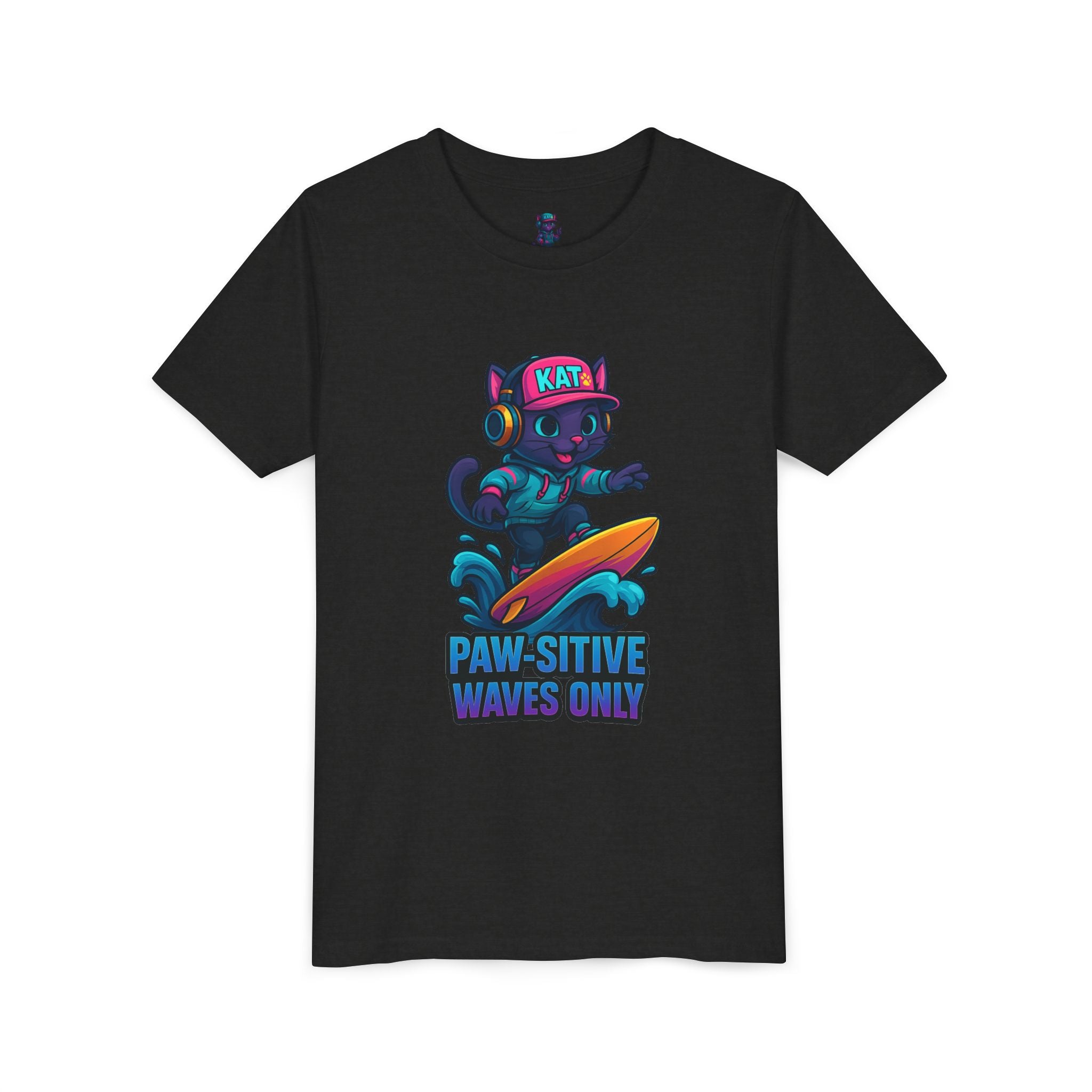 DJ KAT PAWS Paw-Sitive Waves Only, Youth Tee | Kids Surfing T-Shirt, Fun Cat Graphic Top, Summer Apparel, Gifts for Animal Lovers