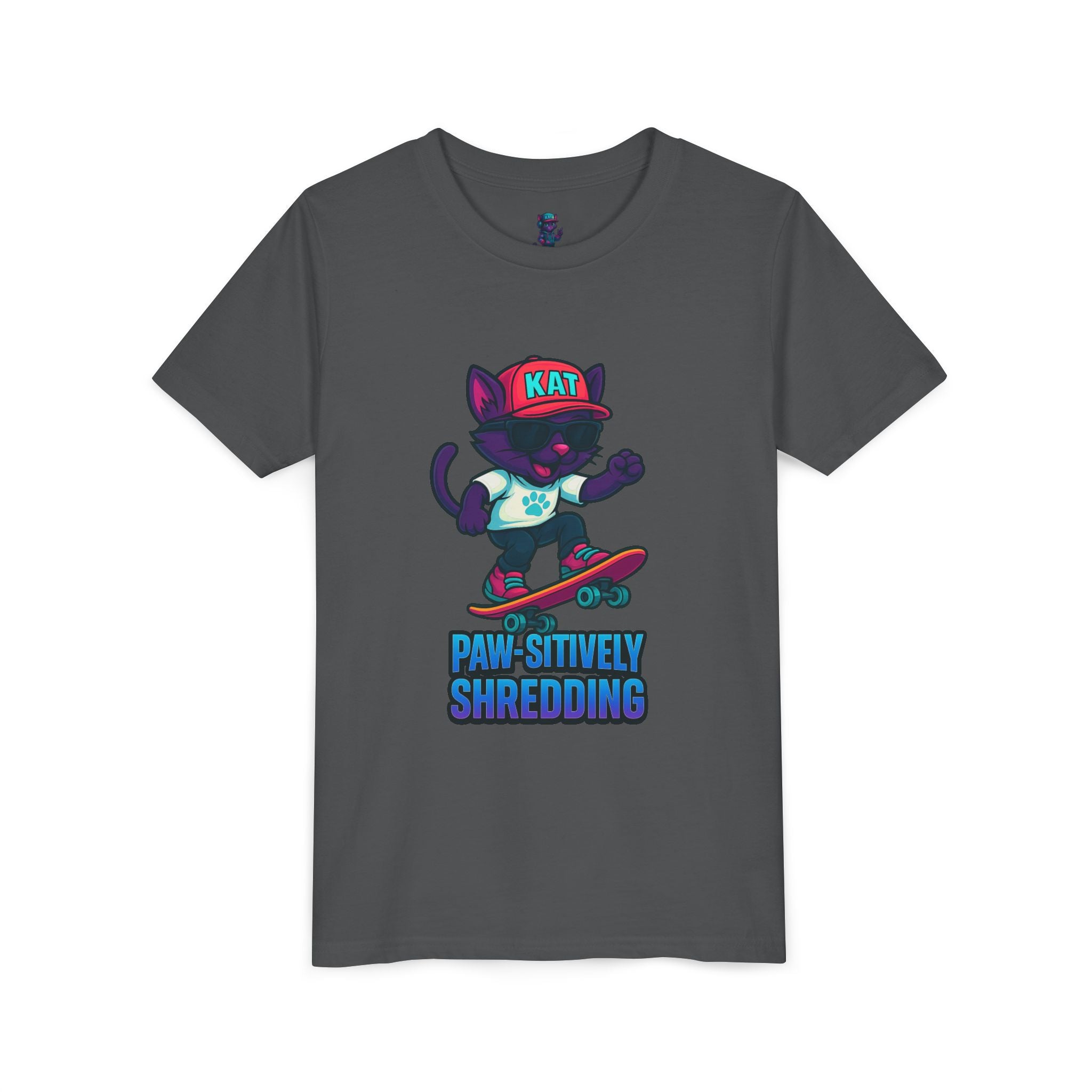 DJ KAT PAWS Paw-sitively Shredding, Skateboarding Youth Tee | Fun Summer Shirt, Motivational Kids T-Shirt, Birthday Gift for Boys & Girls