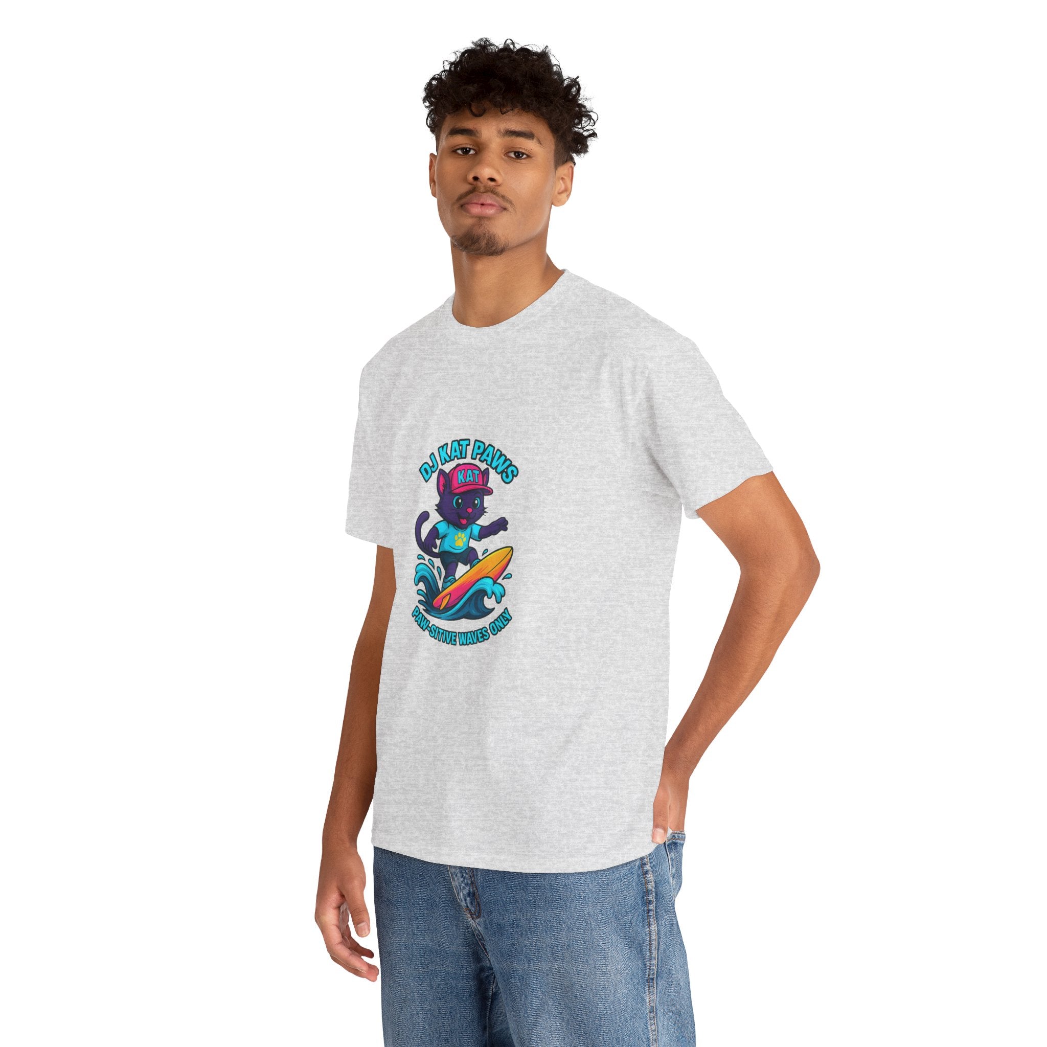DJ KAT PAWS Surfing Fun T-Shirt | Stay Cool, Have Fun, Play Safe, Be You! | Fun Summer Tee, Gift for Cat Lovers, Beach Vibes