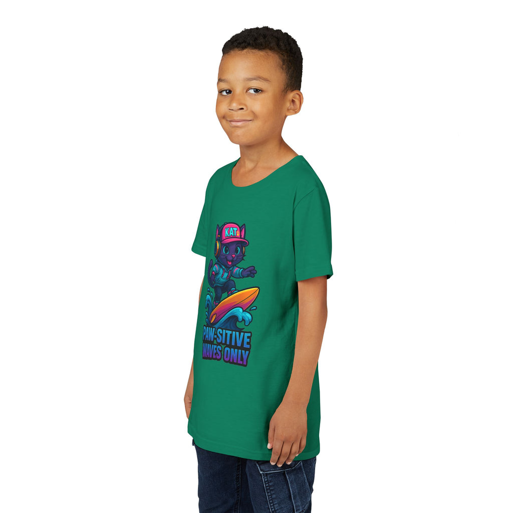DJ KAT PAWS Paw-Sitive Waves Only, Youth Tee | Kids Surfing T-Shirt, Fun Cat Graphic Top, Summer Apparel, Gifts for Animal Lovers