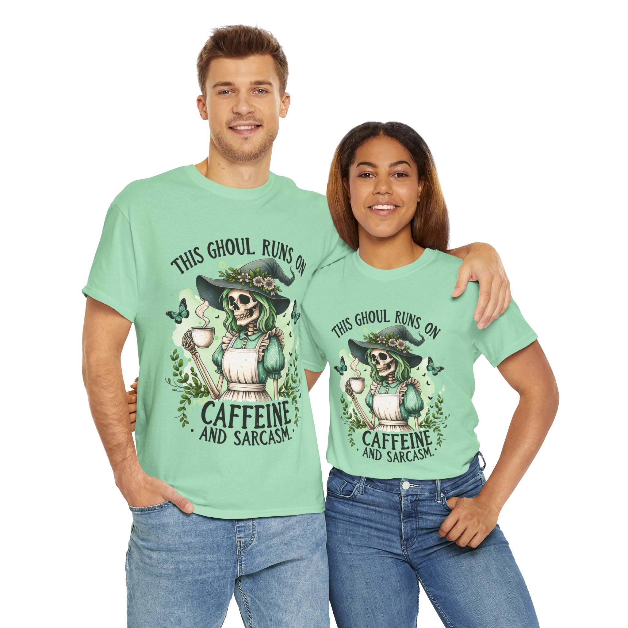 Caffeine and Sarcasm, Funny Halloween Tee, Unisex Tee, Perfect for Gifting, October Festivities, Casual Wear, Skeleton Graphic Tee