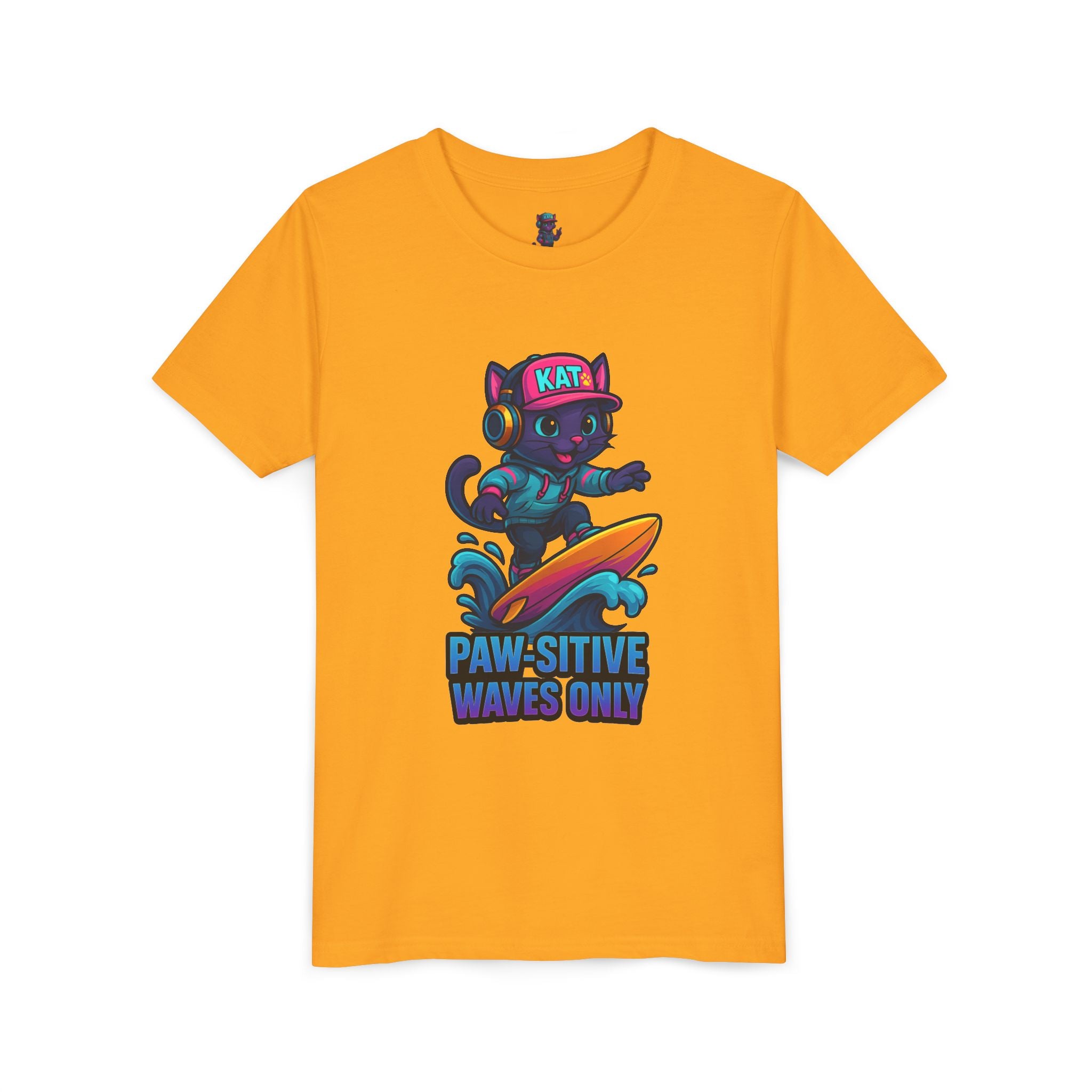 DJ KAT PAWS Paw-Sitive Waves Only, Youth Tee | Kids Surfing T-Shirt, Fun Cat Graphic Top, Summer Apparel, Gifts for Animal Lovers