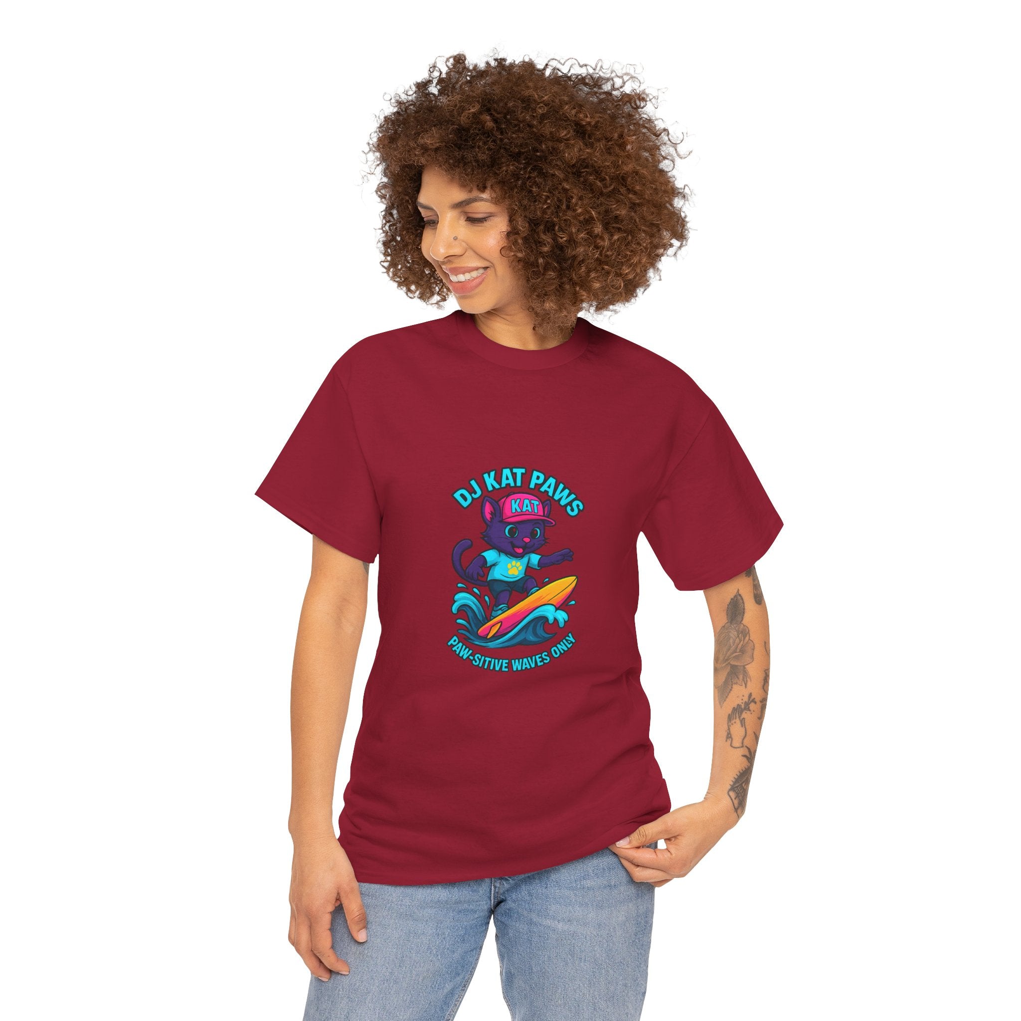 DJ KAT PAWS Surfing Fun T-Shirt | Stay Cool, Have Fun, Play Safe, Be You! | Fun Summer Tee, Gift for Cat Lovers, Beach Vibes