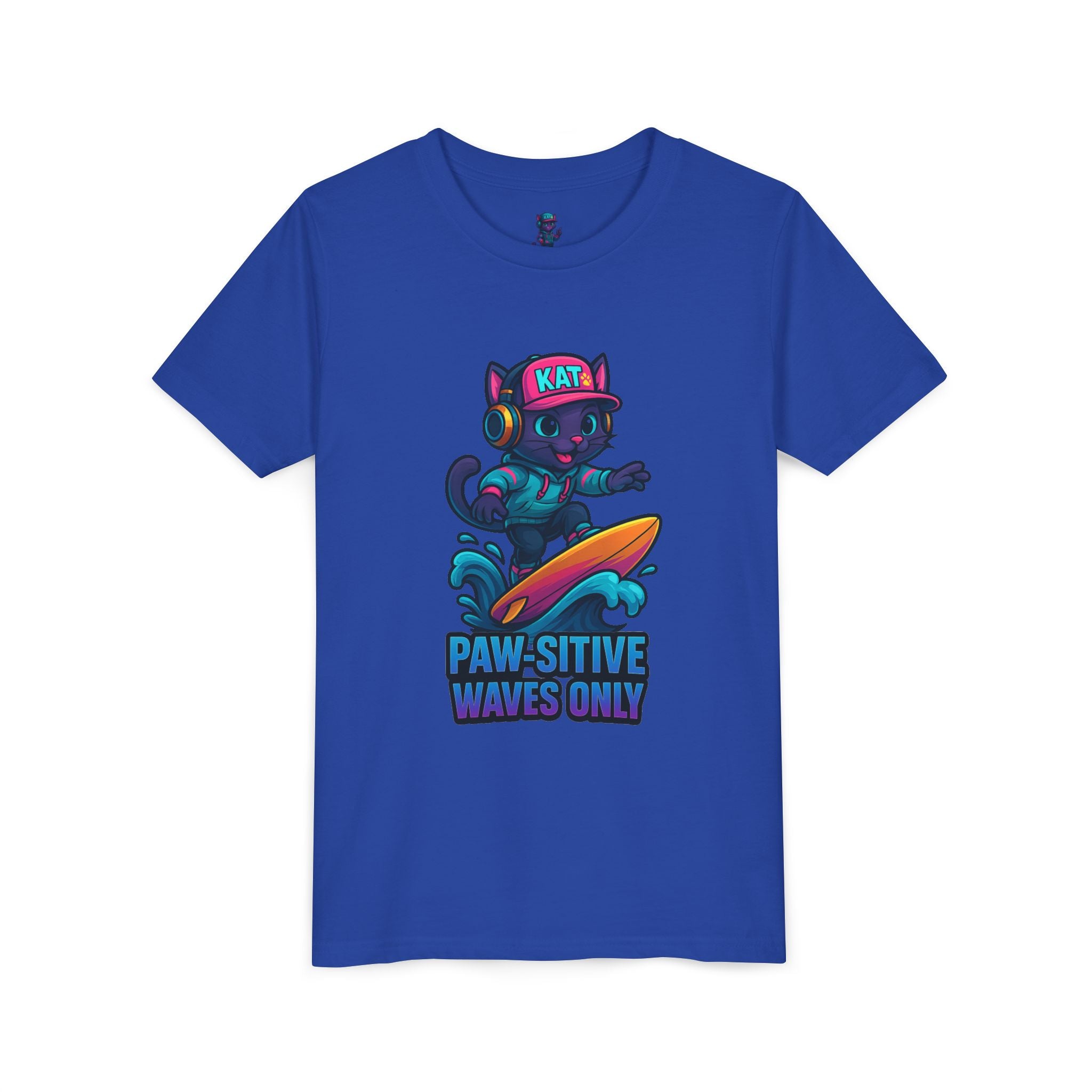 DJ KAT PAWS Paw-Sitive Waves Only, Youth Tee | Kids Surfing T-Shirt, Fun Cat Graphic Top, Summer Apparel, Gifts for Animal Lovers