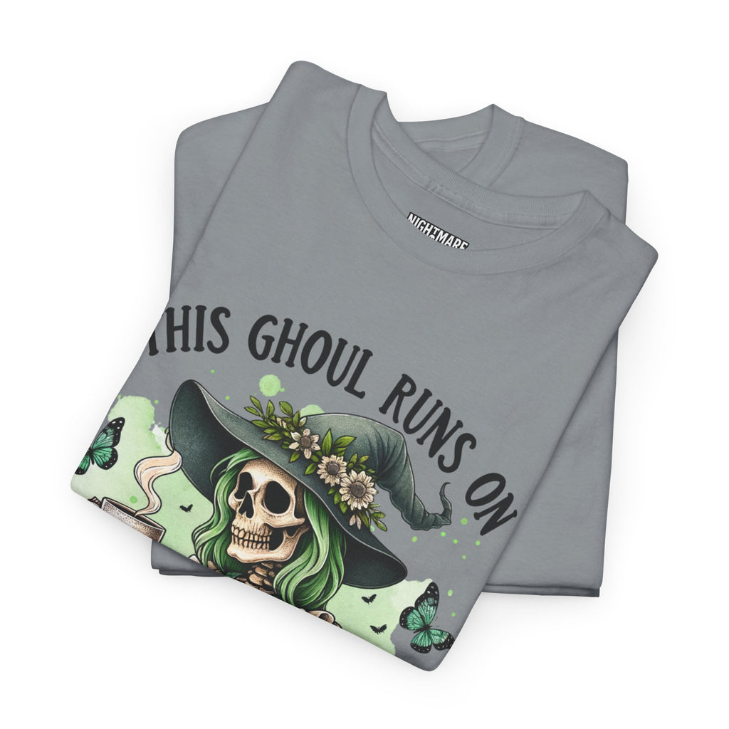Caffeine and Sarcasm, Funny Halloween Tee, Unisex Tee, Perfect for Gifting, October Festivities, Casual Wear, Skeleton Graphic Tee