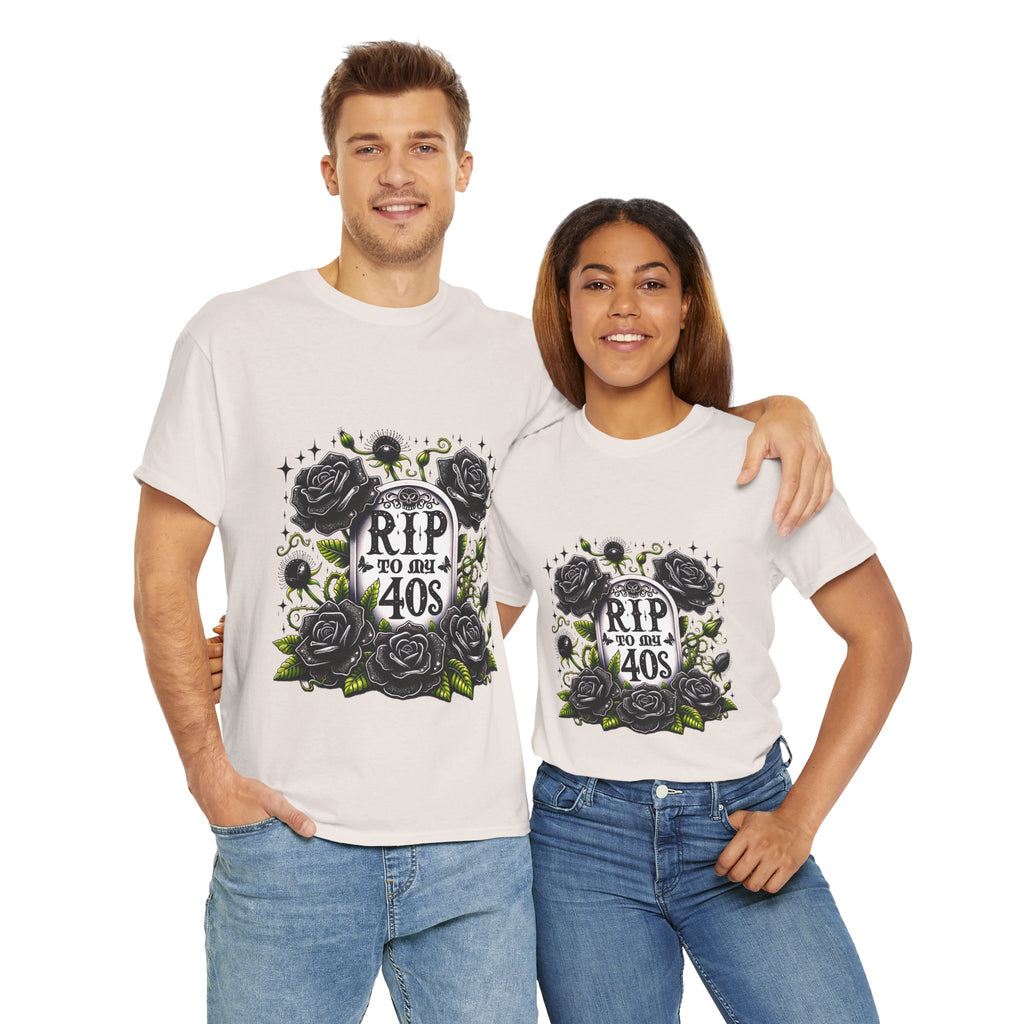 RIP to My 40s Tee, Heavy, Unisex Graphic Shirt, Birthday Gift, Casual Wear, Vintage Style, Floral Design T-shirt