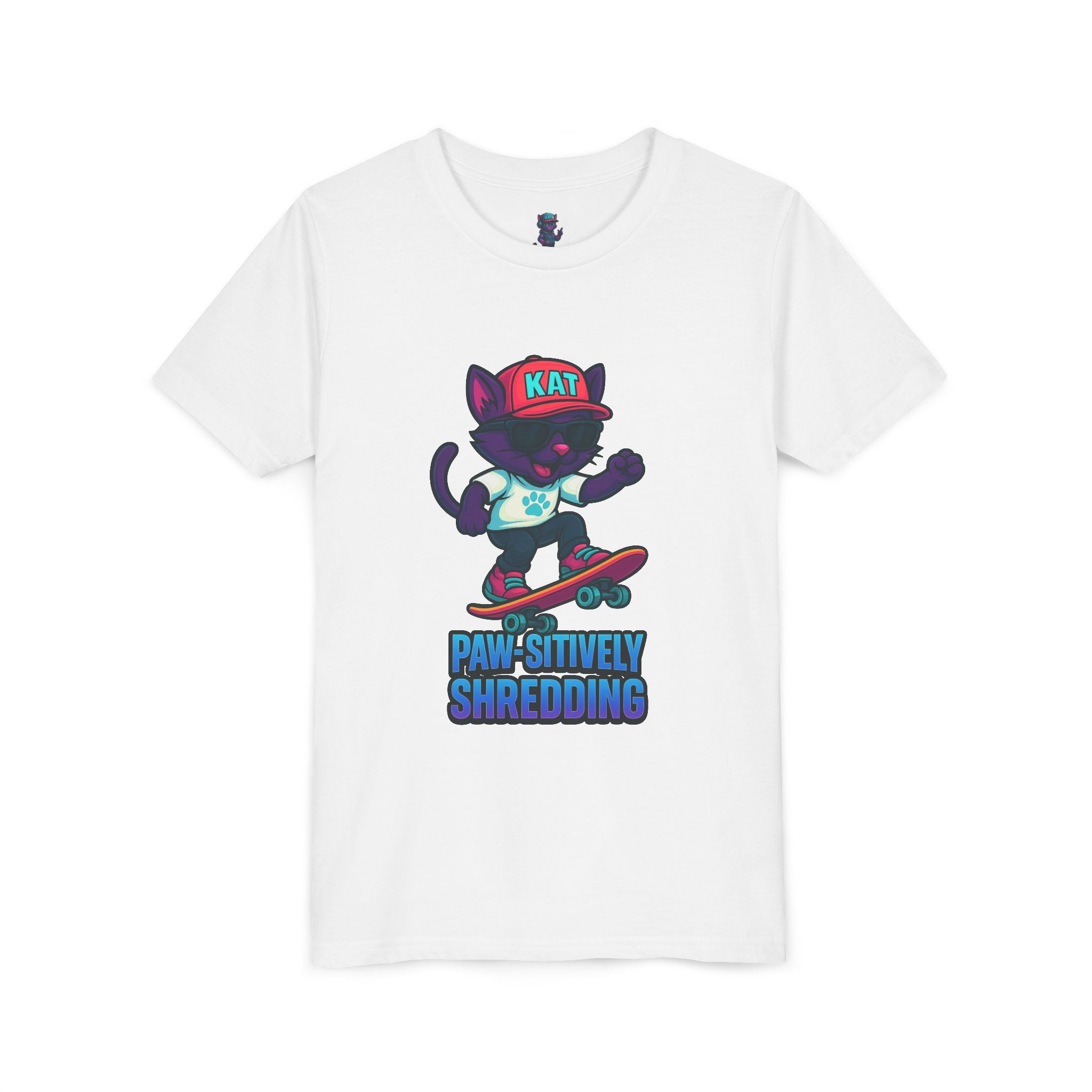 DJ KAT PAWS Paw-sitively Shredding, Skateboarding Youth Tee | Fun Summer Shirt, Motivational Kids T-Shirt, Birthday Gift for Boys & Girls
