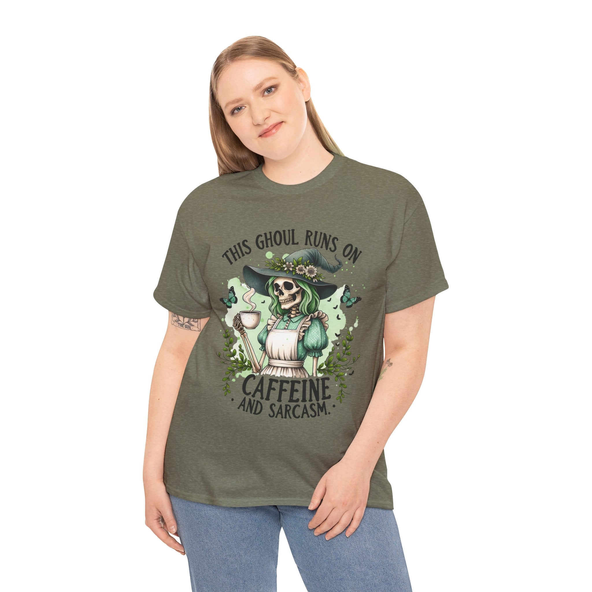 Caffeine and Sarcasm, Funny Halloween Tee, Unisex Tee, Perfect for Gifting, October Festivities, Casual Wear, Skeleton Graphic Tee