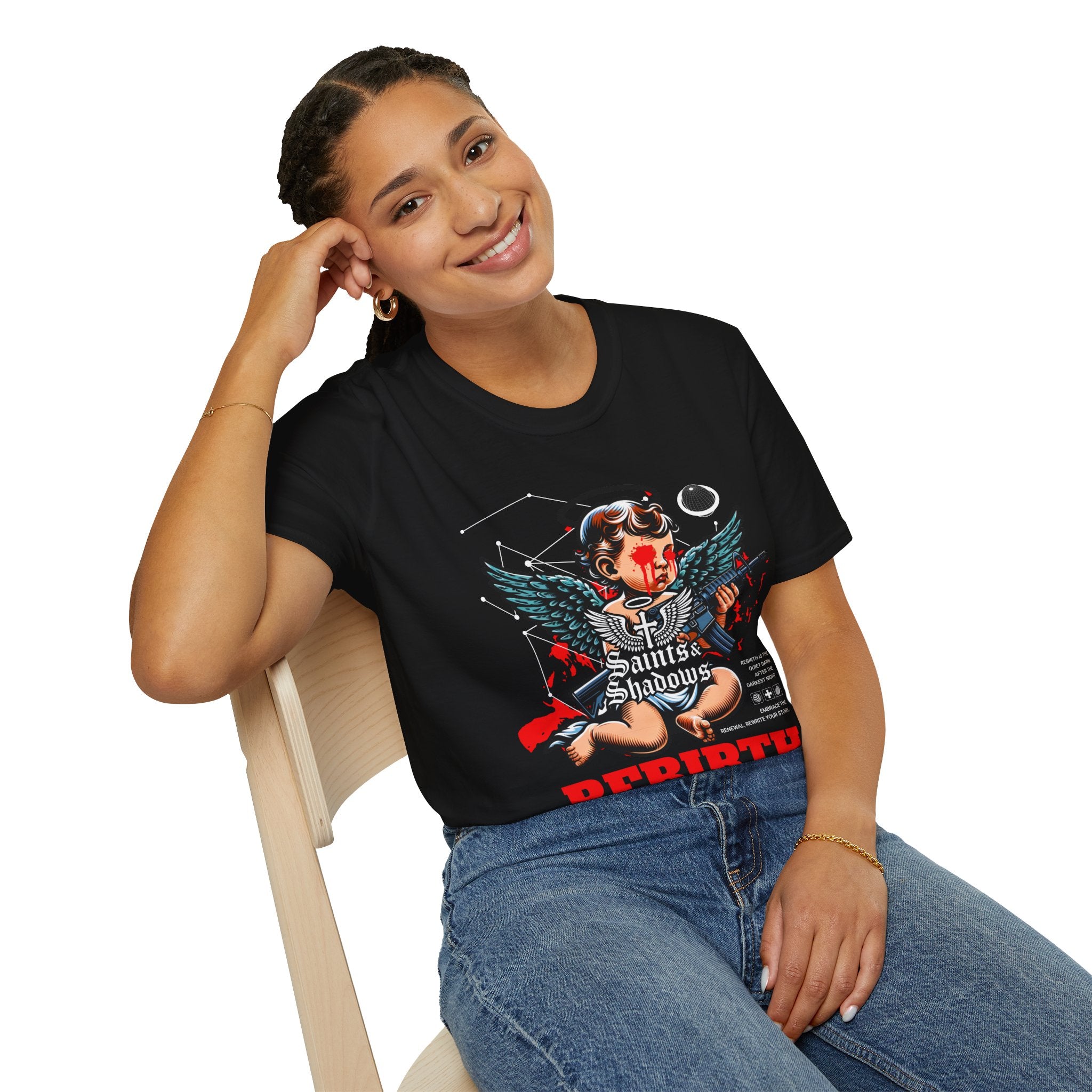 Saints and Shadows - Rebirth, Angelic Artwork Unisex Softstyle T-Shirt, Casual Wear