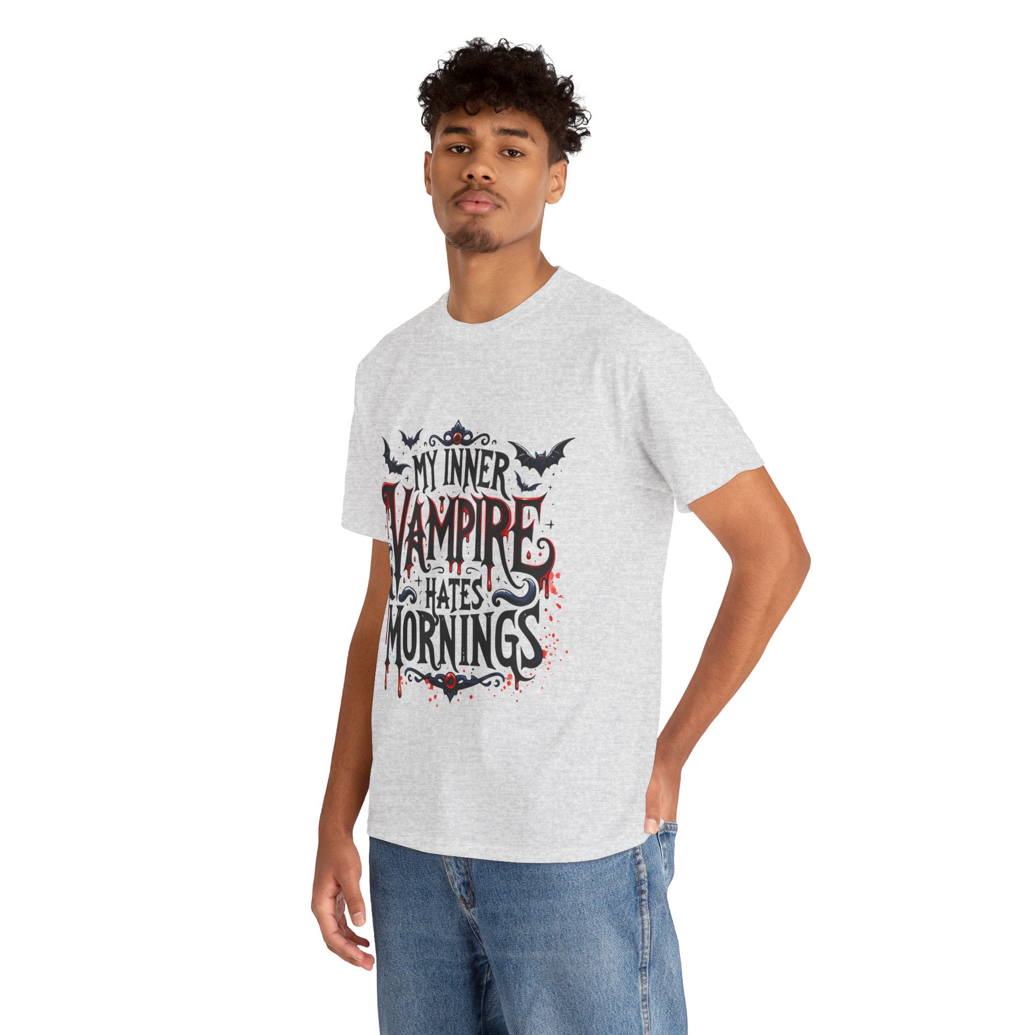 My Inner Vampire Hates Mornings, Tee - Unisex Heavy Cotton Shirt for Halloween, Gifts, Casual Wear, Funny T-Shirt, Vampire Lover Apparel