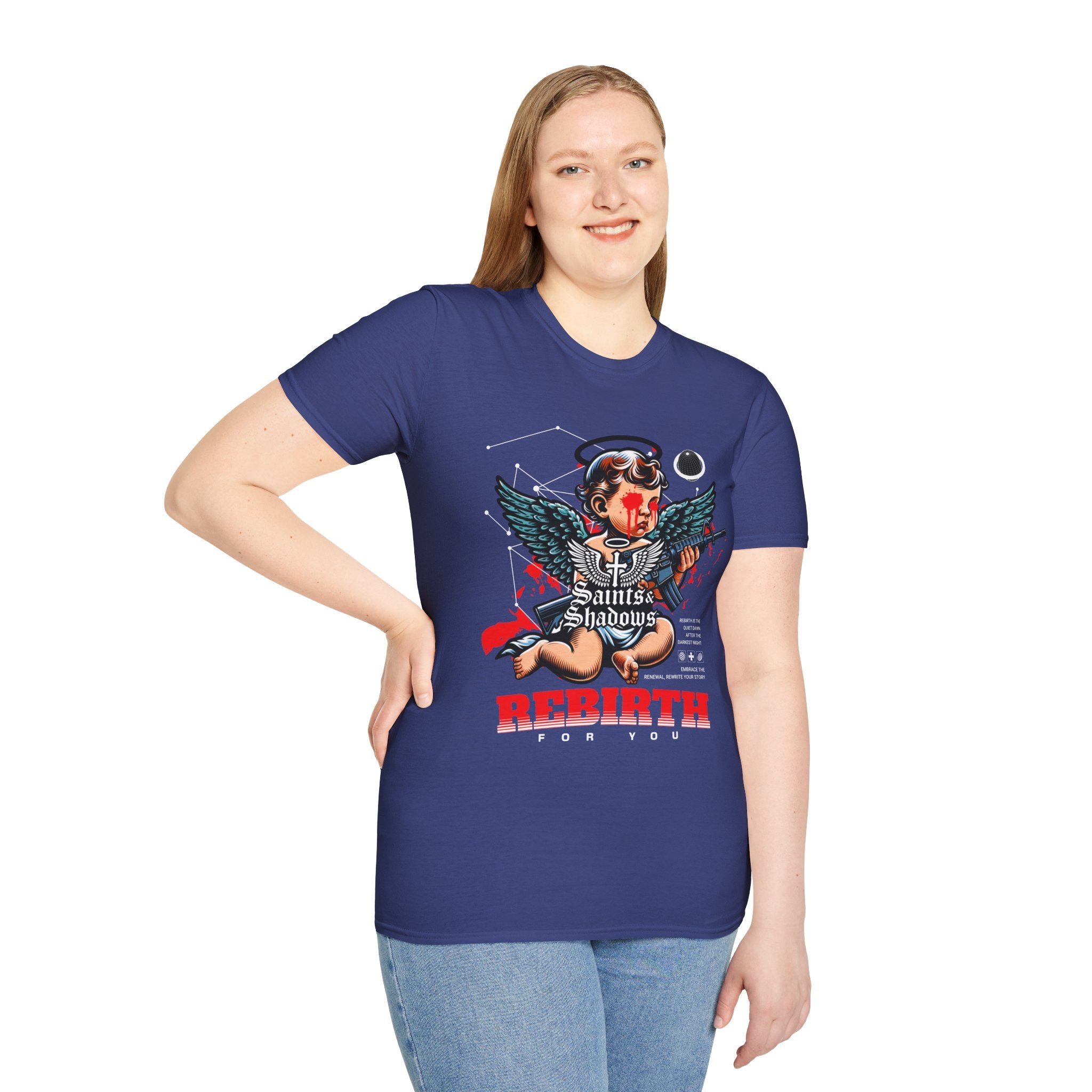 Saints and Shadows - Rebirth, Angelic Artwork Unisex Softstyle T-Shirt, Casual Wear