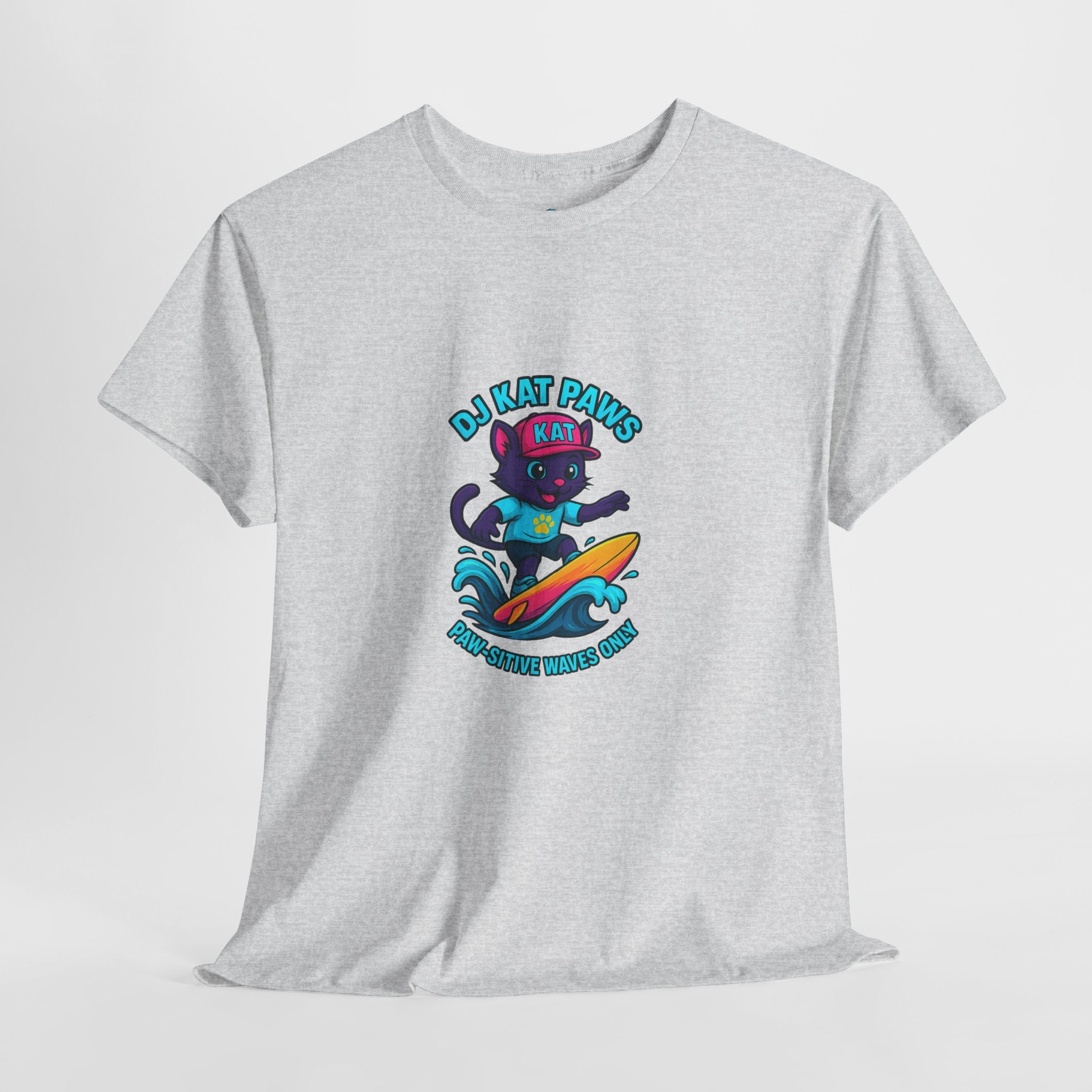 DJ KAT PAWS Surfing Fun T-Shirt | Stay Cool, Have Fun, Play Safe, Be You! | Fun Summer Tee, Gift for Cat Lovers, Beach Vibes