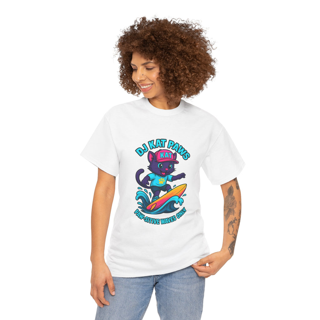 DJ KAT PAWS Surfing Fun T-Shirt | Stay Cool, Have Fun, Play Safe, Be You! | Fun Summer Tee, Gift for Cat Lovers, Beach Vibes