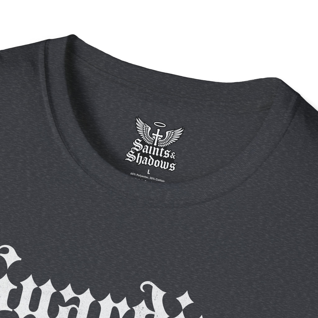 Saints and Shadows - Guardian of the Skyline, Angelic Artwork Unisex Softstyle T-Shirt, Casual Wear