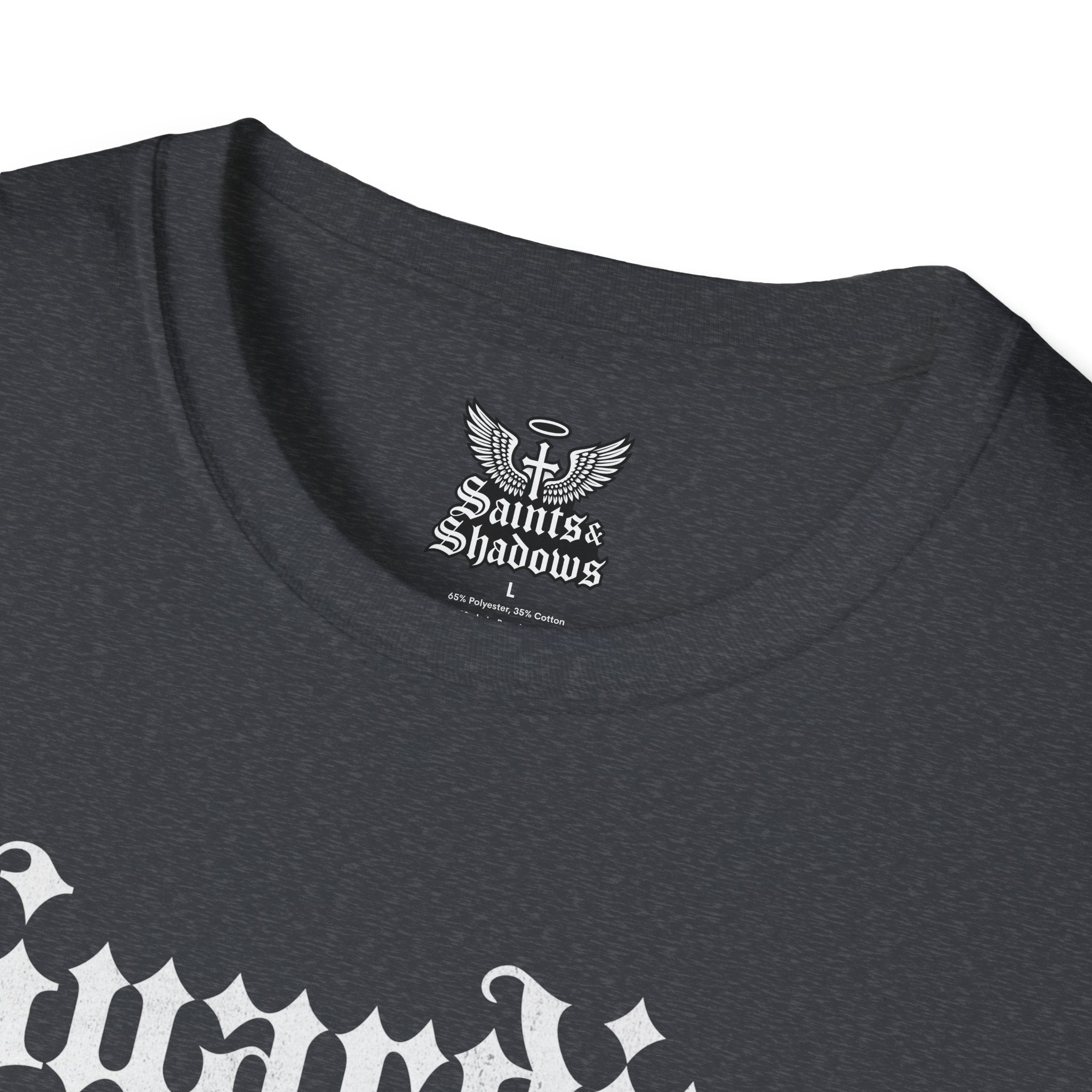 Saints and Shadows - Guardian of the Skyline, Angelic Artwork Unisex Softstyle T-Shirt, Casual Wear