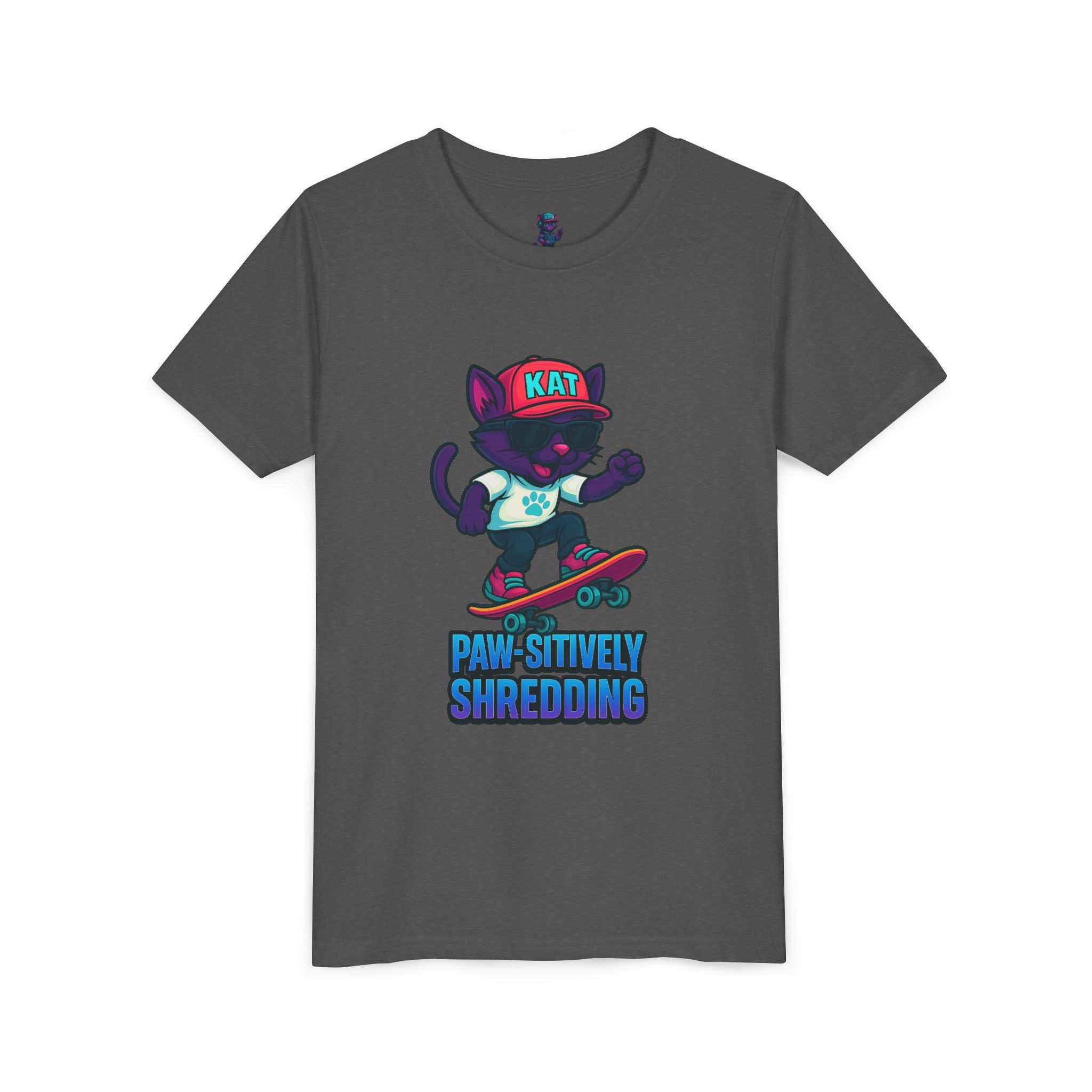 DJ KAT PAWS Paw-sitively Shredding, Skateboarding Youth Tee | Fun Summer Shirt, Motivational Kids T-Shirt, Birthday Gift for Boys & Girls