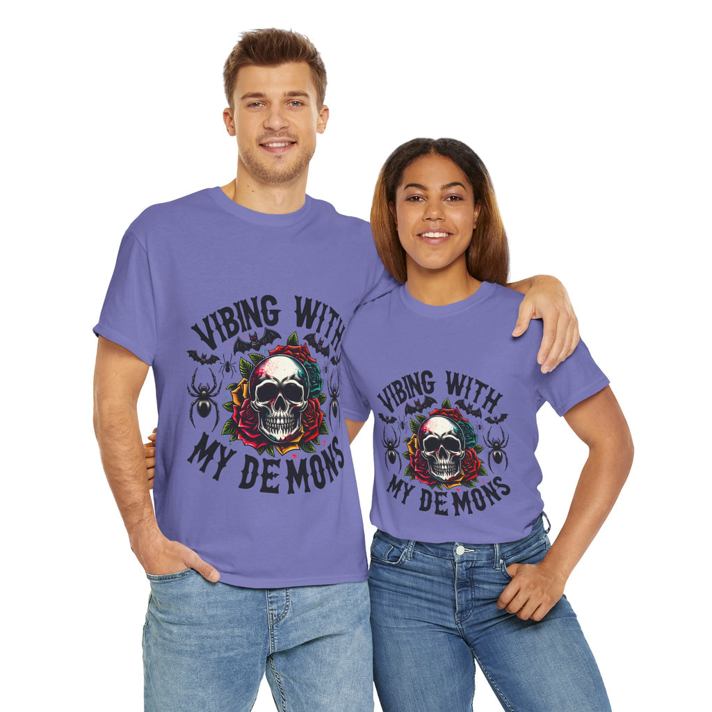 Vibing With My Demons, Halloween Skeleton & Pumpkin Tee, Spooky Season Apparel, Fall Fashion, Gift for Halloween Lovers