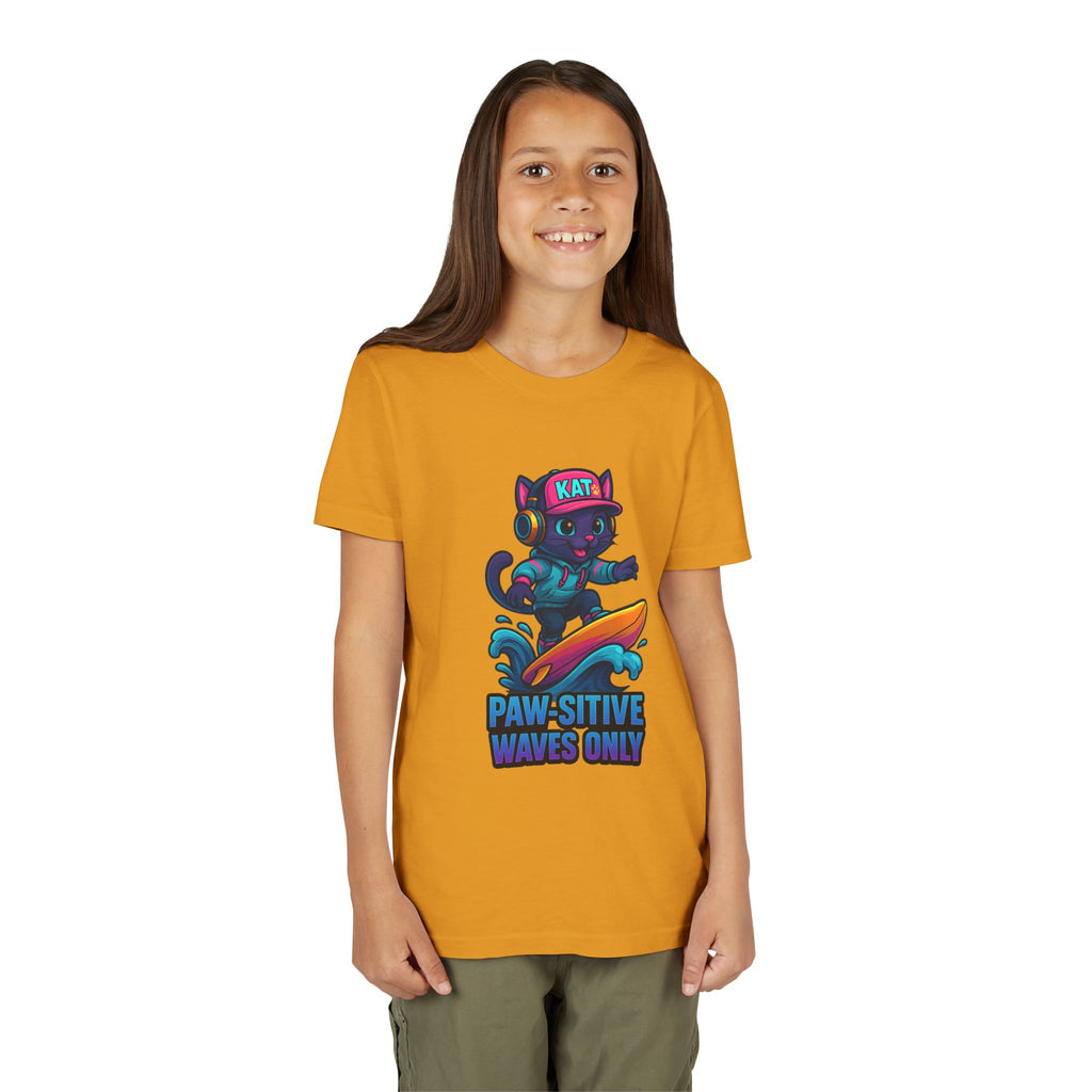 DJ KAT PAWS Paw-Sitive Waves Only, Youth Tee | Kids Surfing T-Shirt, Fun Cat Graphic Top, Summer Apparel, Gifts for Animal Lovers