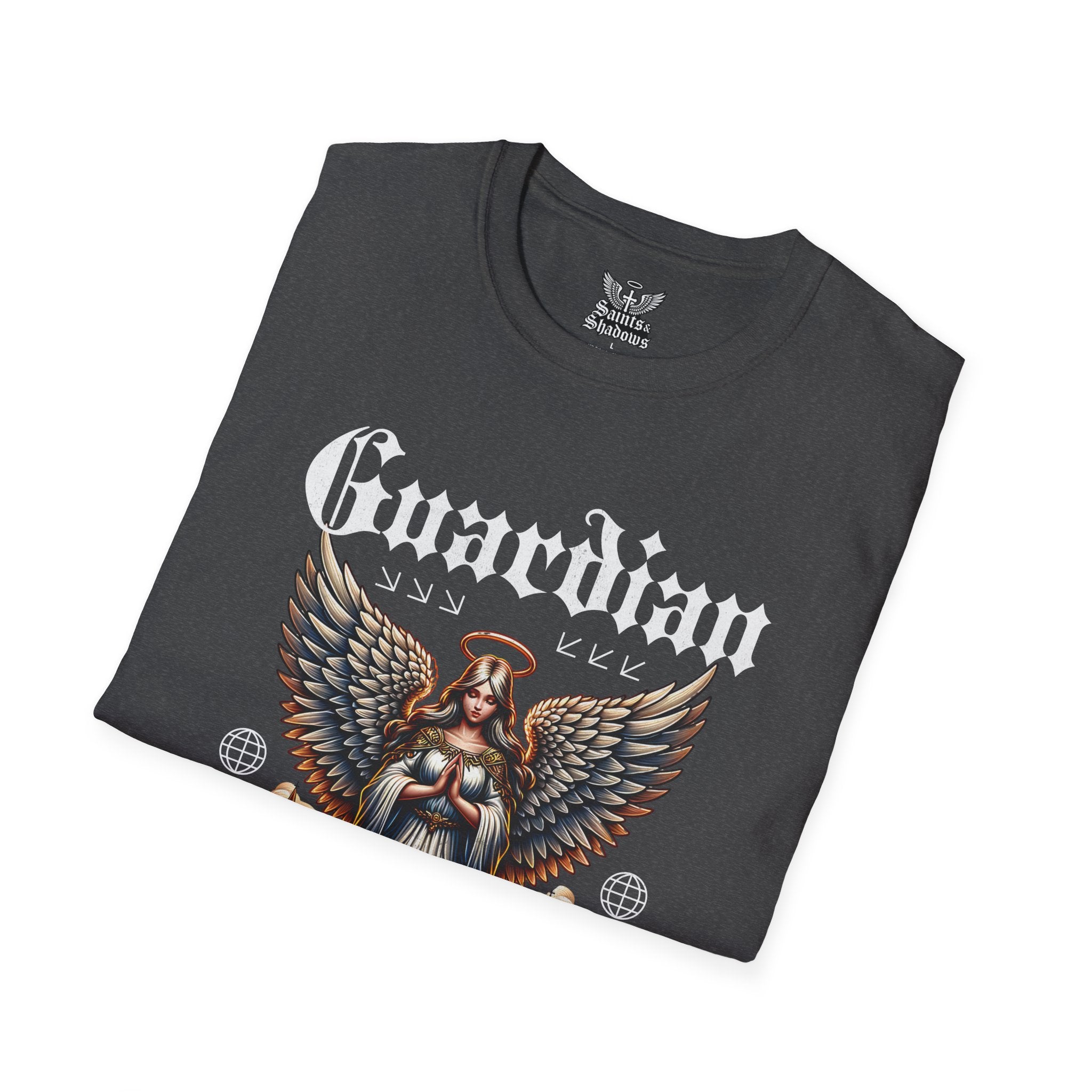 Saints and Shadows - Guardian of the Skyline, Angelic Artwork Unisex Softstyle T-Shirt, Casual Wear