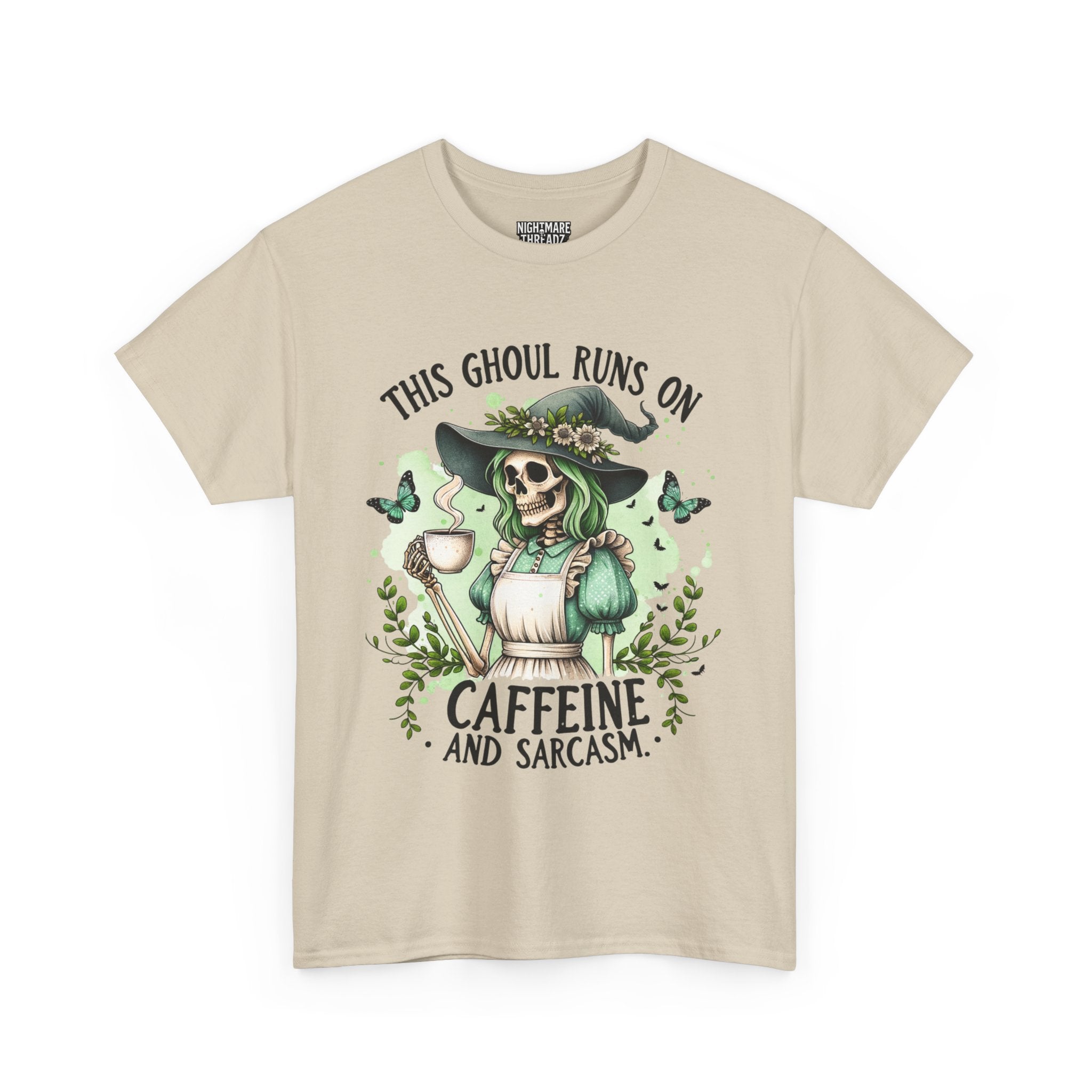 Caffeine and Sarcasm, Funny Halloween Tee, Unisex Tee, Perfect for Gifting, October Festivities, Casual Wear, Skeleton Graphic Tee
