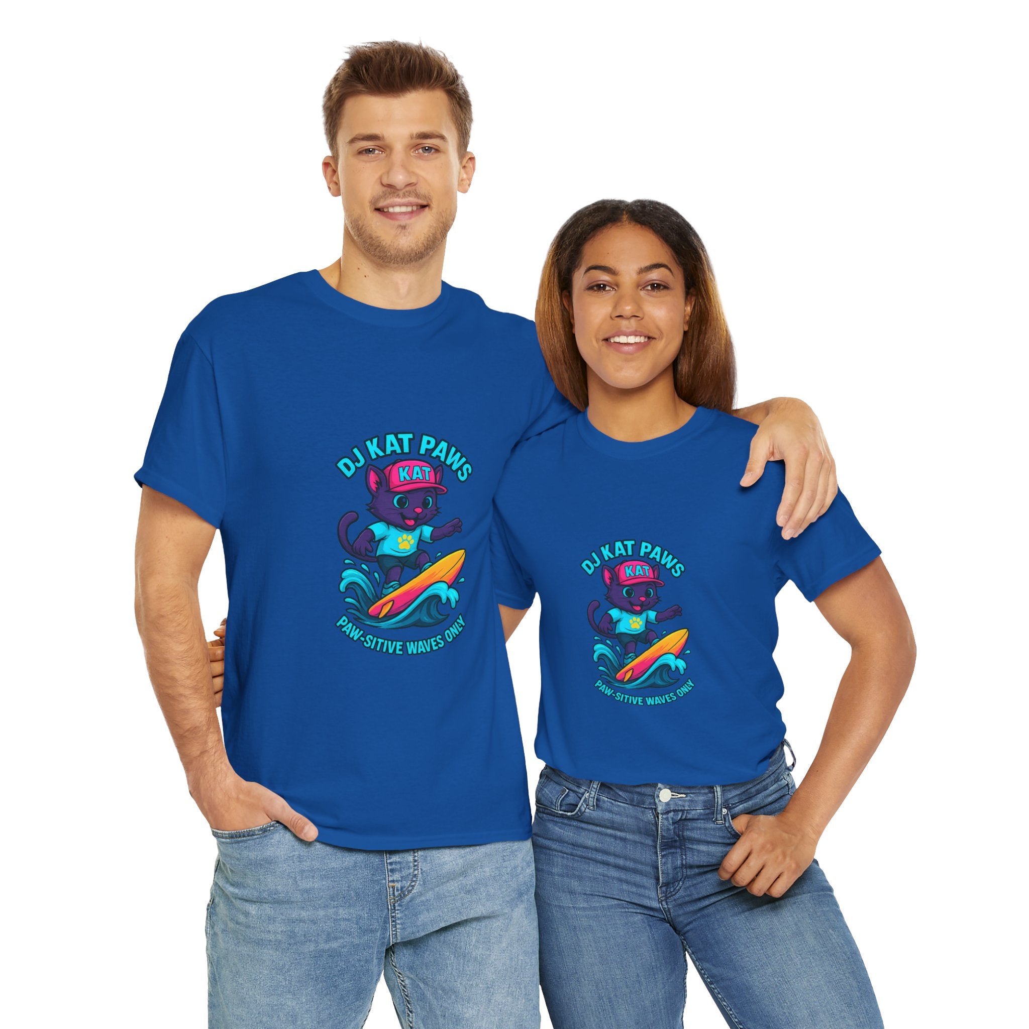 DJ KAT PAWS Surfing Fun T-Shirt | Stay Cool, Have Fun, Play Safe, Be You! | Fun Summer Tee, Gift for Cat Lovers, Beach Vibes