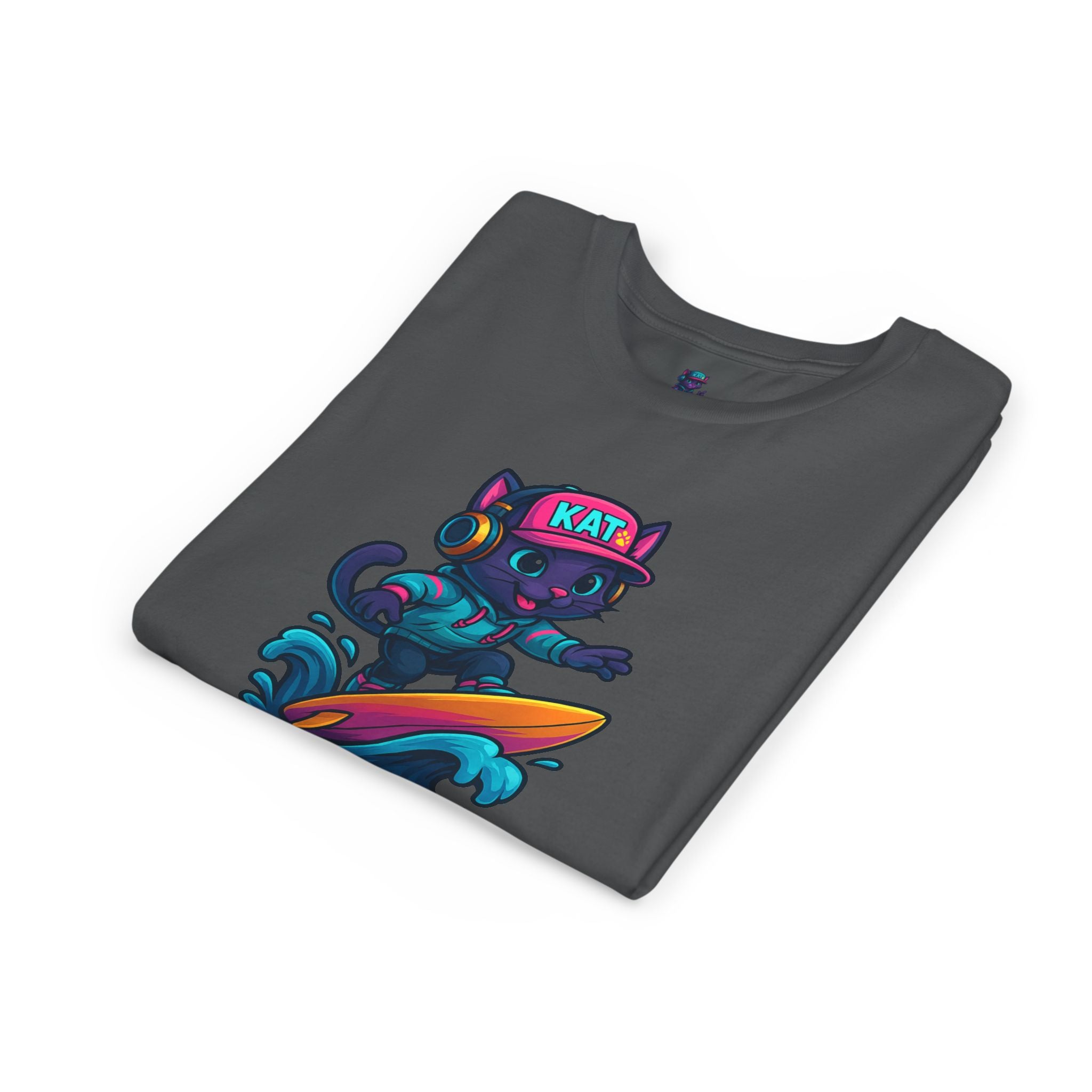 DJ KAT PAWS Paw-Sitive Waves Only, Youth Tee | Kids Surfing T-Shirt, Fun Cat Graphic Top, Summer Apparel, Gifts for Animal Lovers