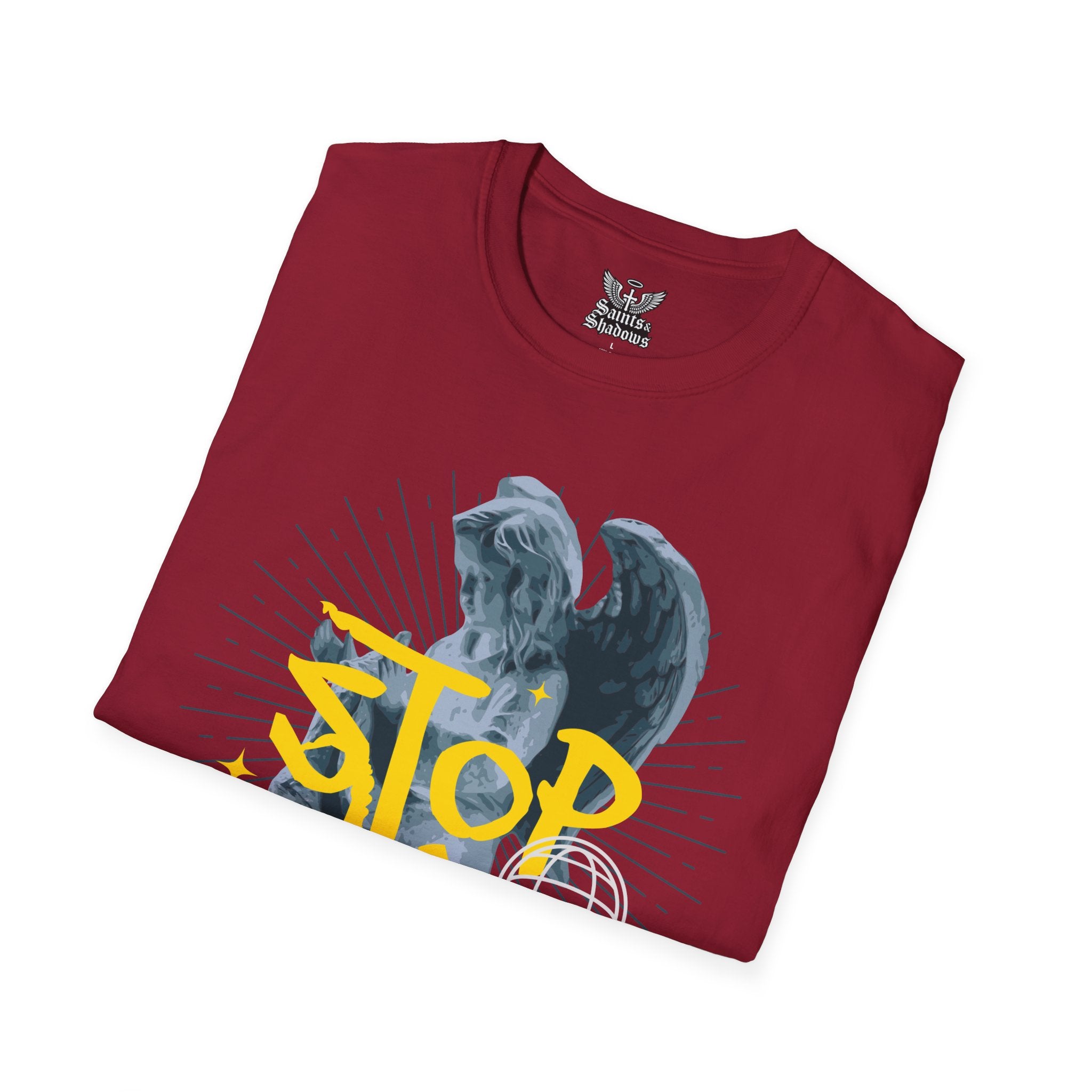 Saints and Shadows - Stop Wars, Angelic Artwork Unisex Softstyle T-Shirt, Casual Wear